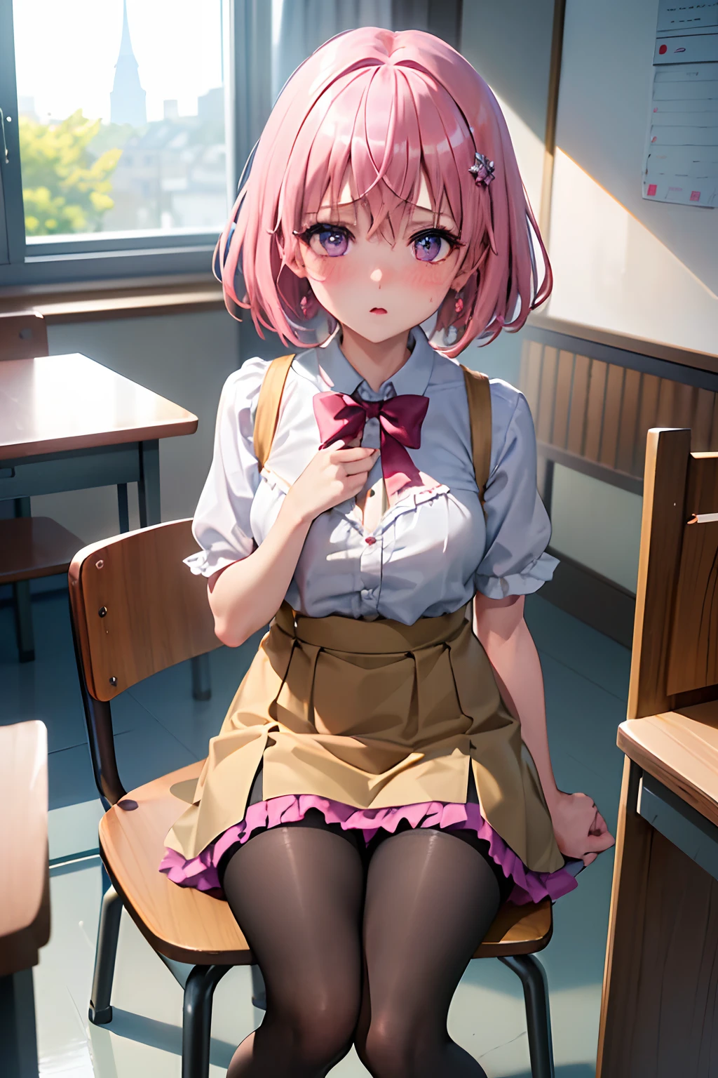 (top-quality:1.1), (masterpiece:1.4), (absurderes:1.0), portlate, a closeup,
1girl in、Momovelia Deviluk、hair adornments、bob cuts、Shorthair pink hair、a purple eye、Medium chest、Yellow Uniform、looking at the viewers、Classroom、(red blush:1.2)、embarassed expression、((hose))、sit a chair、