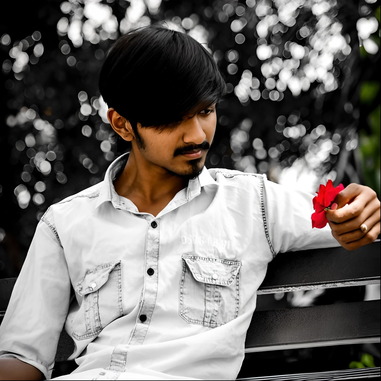 there is a man sitting on a bench with a flower in his hand, casual photography, jayison devadas, * colour splash *, candid picture, stylish pose, candid photography, jayison devadas style, candid!! dark background, shot on sony a 7, ayan nag, inspired by Kailash Chandra Meher, cinematic shoot, by Max Dauthendey