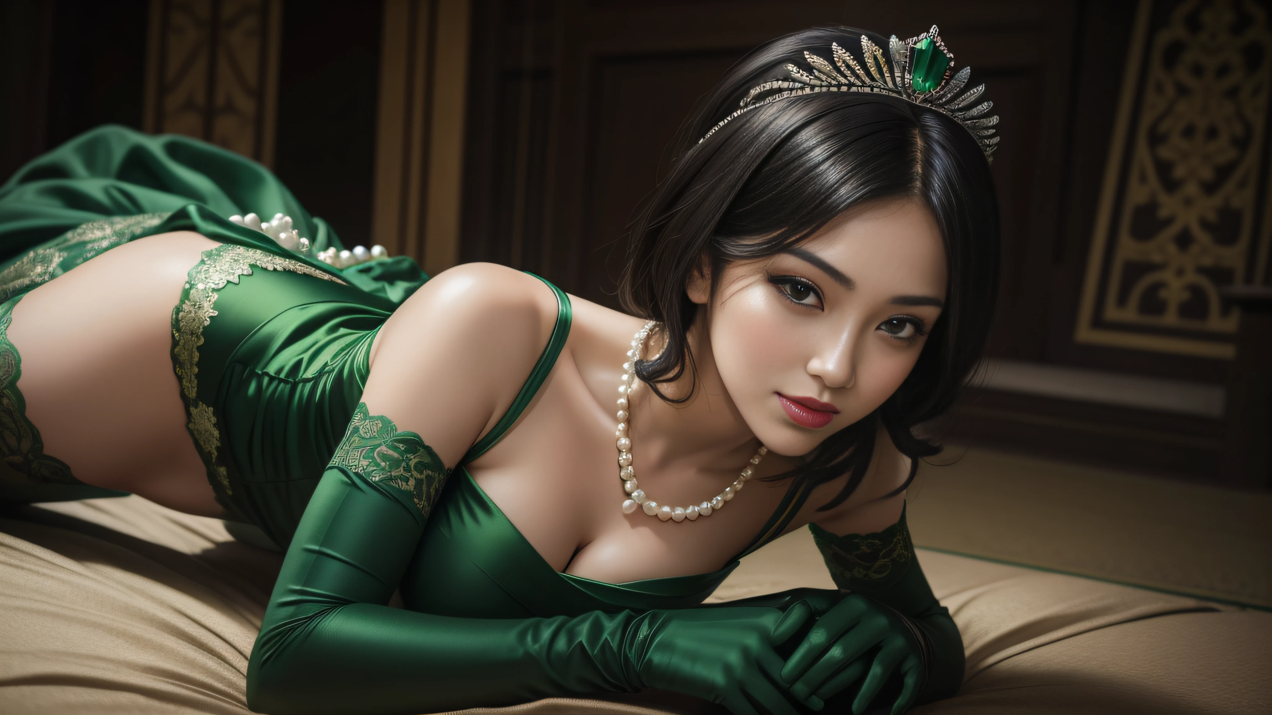 Green Dress Flower Cleanser，Sense of atmosphere, best qualtiy，tmasterpiece，1girll，30-years old，Green dress，Daytime Church，full body Esbian, Green gloves，With short black hair，big breasts beautiful，looking at viewert，ssmile，Green Bridal Veil，Green Long Grove，Satin green long gloves,　lipsticks, Pearl Necklace、Green gloves,　emerald tiara, A Japanese Lady, the kiss