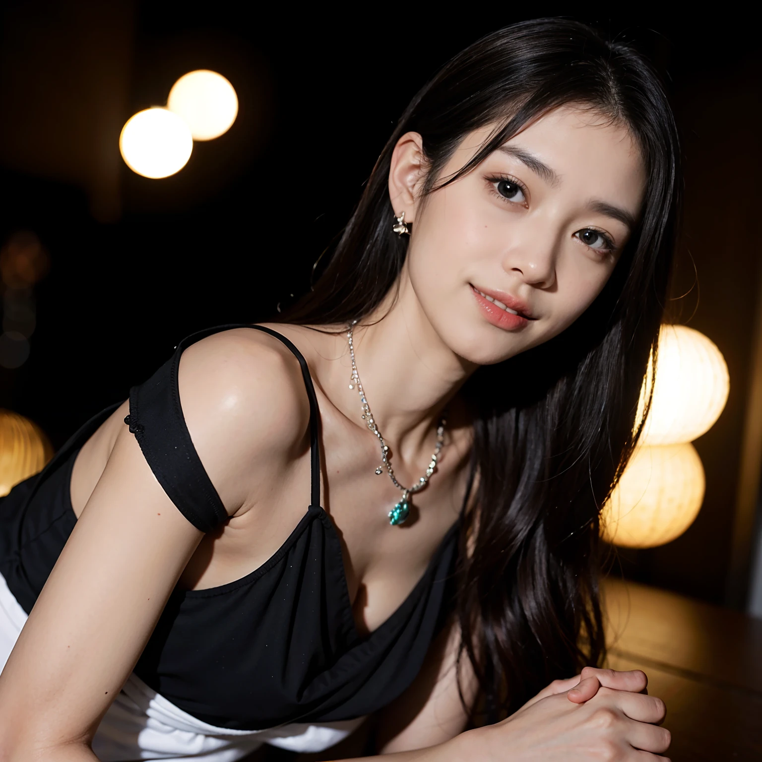 Slightly exposed chest、8K、(Photographic realism:1.4)、Black tunic、realistic skin textures 、Girl vs、Royal sister、二重まぶた、By bangs、full bodyesbian、Curta、Thin leg、(Slim body)、nedium breasts、MuCoi、A smile、head gear、耳Nipple Ring、a necklace、looking at viewert、sface focus、depth of fields、club、(Bust lens:1)、Bokeh、