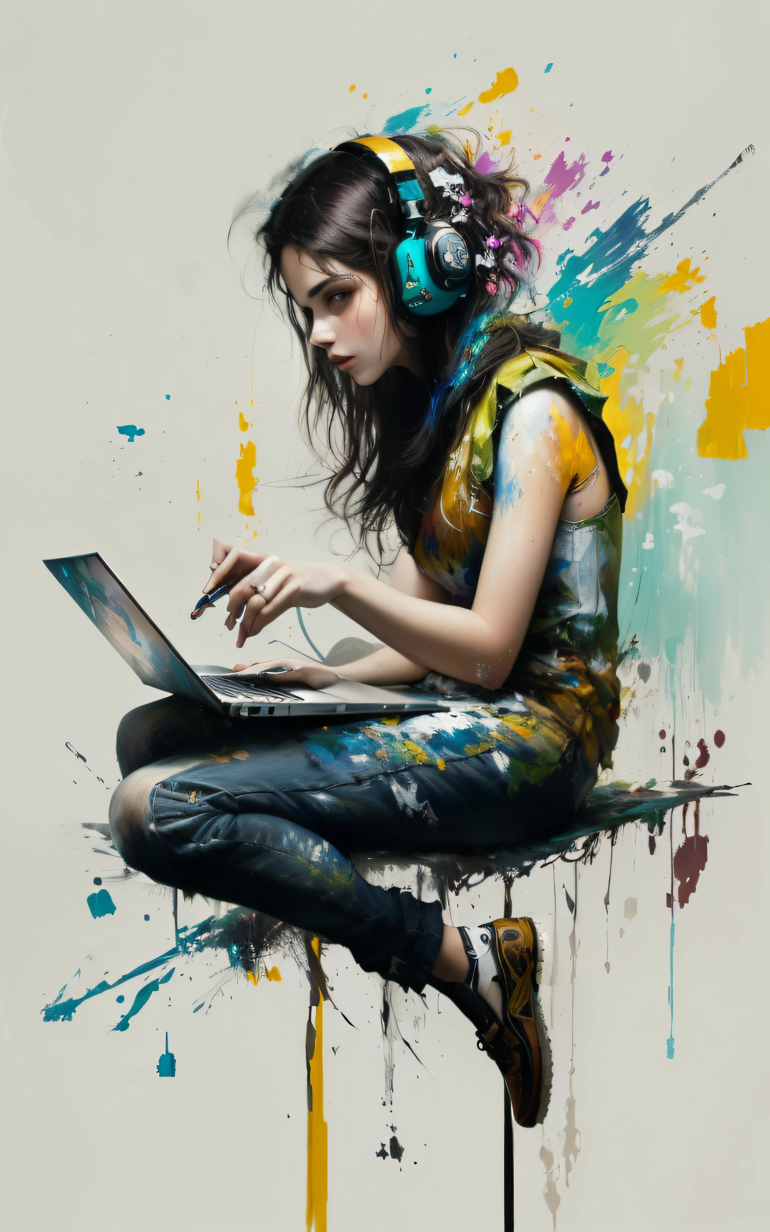 pintura de uma mulher sentada em um banquinho com um laptop, Moinhos Russ, inspirado em Sam Spratt, contemporary digital art, bela arte digital, obras de arte impressionantes, Arte digital moderna, intrincada pintura digital, Arte de Alessandro Pautasso, arte digital inspiradora, arte digital pintada, Artistic illustration, estilo pintura digital, pintura digital colorida, pintura digital | intrincado, arte digital elaborada