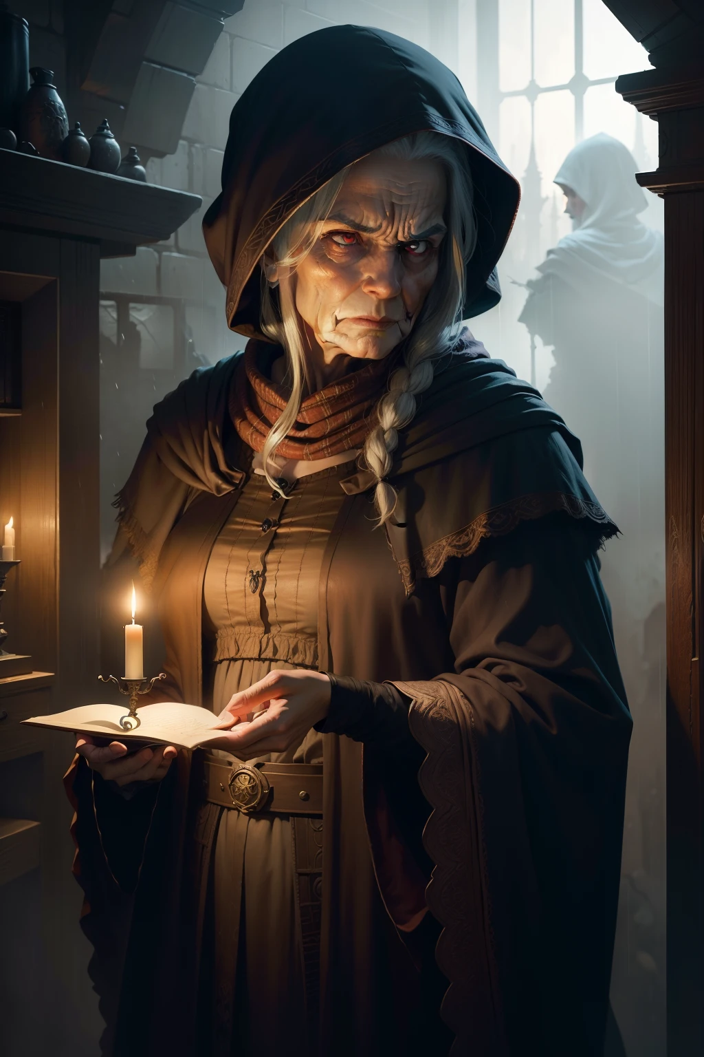 An image of an angry old woman, wearing brown tattered robes, holding a dim candle, with a deadly scowl, background is dark, misty rain, mood is gloomy, desperate, confining, depressing, night time light, digital art, hyper realistic, 8k, unreal engine, character design, art by Peter Paul Rubens, Anne Stokes, Blaz Porenta, Zdzislaw Beksinski, Marc Simonetti, Gerald Brom.