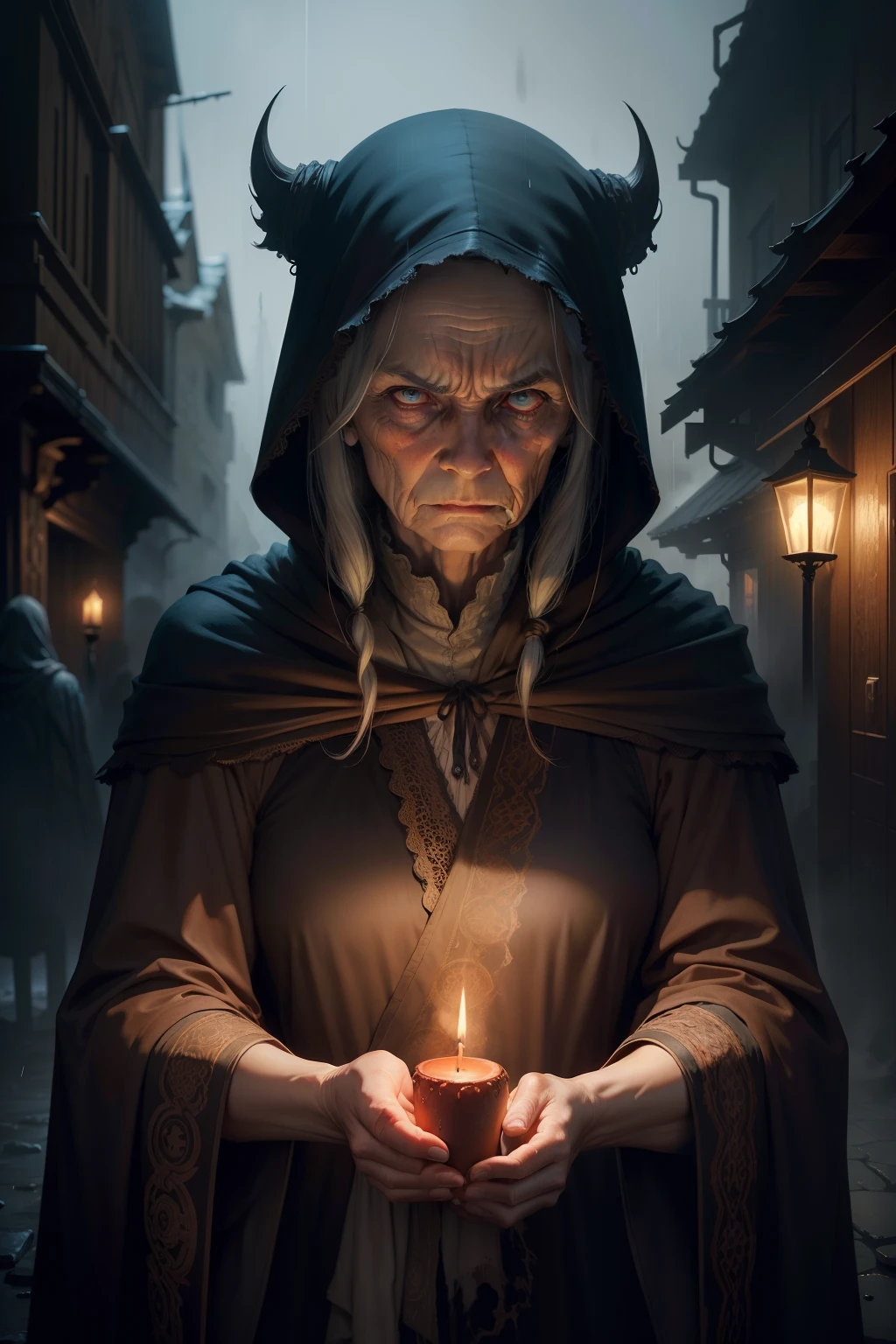 An image of an angry old woman, wearing brown tattered robes, holding a dim candle, with a deadly scowl, background is dark, misty rain, mood is gloomy, desperate, confining, depressing, night time light, digital art, hyper realistic, 8k, unreal engine, character design, art by Peter Paul Rubens, Anne Stokes, Blaz Porenta, Zdzislaw Beksinski, Marc Simonetti, Gerald Brom.