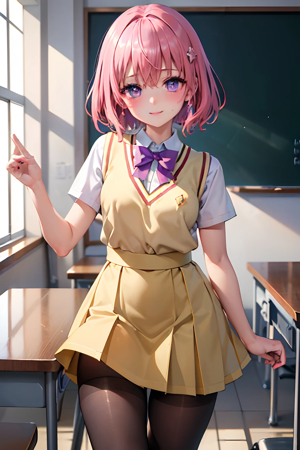 (top-quality:1.1), (​masterpiece:1.4), (absurderes:1.0), portlate, a closeup,
1girl in、Momovelia Deviluk、hair adornments、bob cuts、Shorthair pink hair、a purple eye、medium chest、Yellow school uniform、looking at the viewers、‎Classroom、(red blush:1.2)、a smile、((pantyhose))