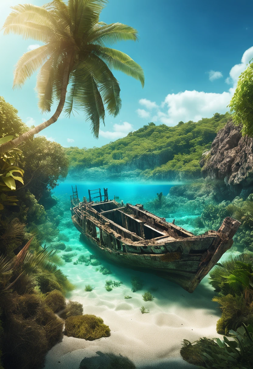 ancient shipwreck,tropical beach,overgrown plants,crystal clear water,fish swimming nearby,sunlight filtering through the palm trees,serene atmosphere,rich textures and vibrant colors,moss-covered hull,weathered wood,coral reef surrounding the shipwreck,exquisite details of the underwater world,emerald green sea,sparkling turquoise waves,majestic ruins of an old civilization,whispering secrets of the past,hidden treasures waiting to be discovered,close