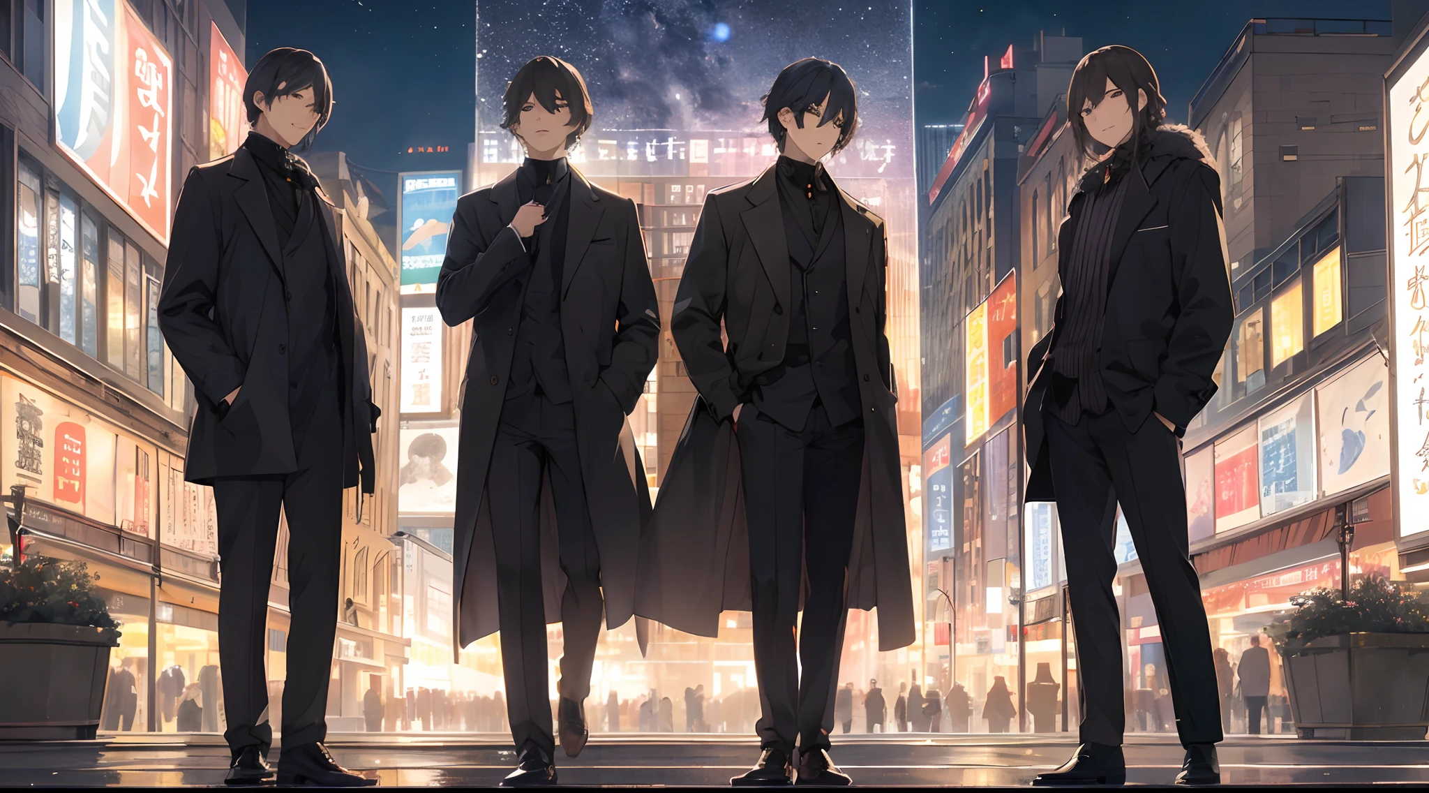 (masterpiece、top-quality、hightquality)、4 men、Adult male、Multiple people、nighttime scene、Man Standing On The Rooftop Of A Building、line up、Look up at people、natta、perpetrator、dynamic ungle、full body Esbian、highrise buildings、Contemporary buildings、animesque、cover page、team、in group photograph、Crescent moon and night sky、Name、Four people