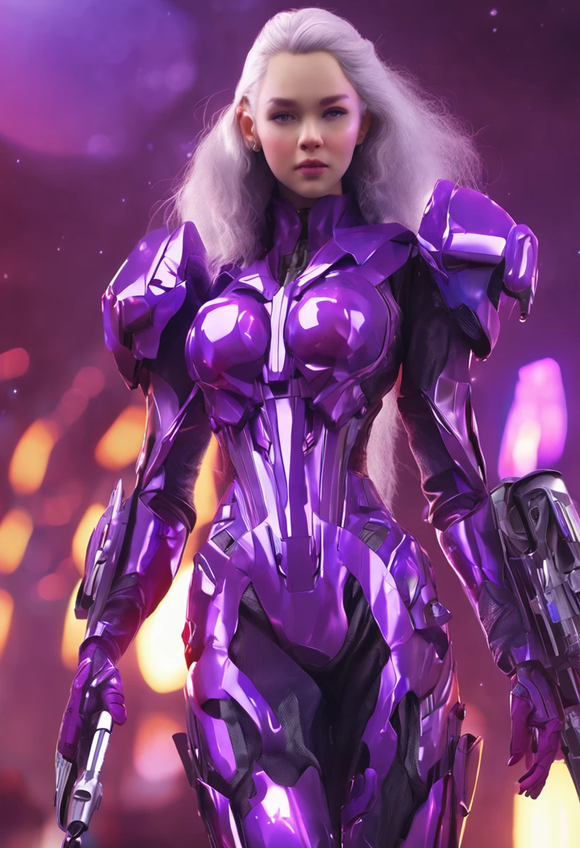Girl in purple futuristic armor, tmasterpiece, hiquality, The girl stands at full height, The girl looks at us, white colored hair, violet eyes, purple magic, European appearance. realistic style, 真实感, violet eyes,