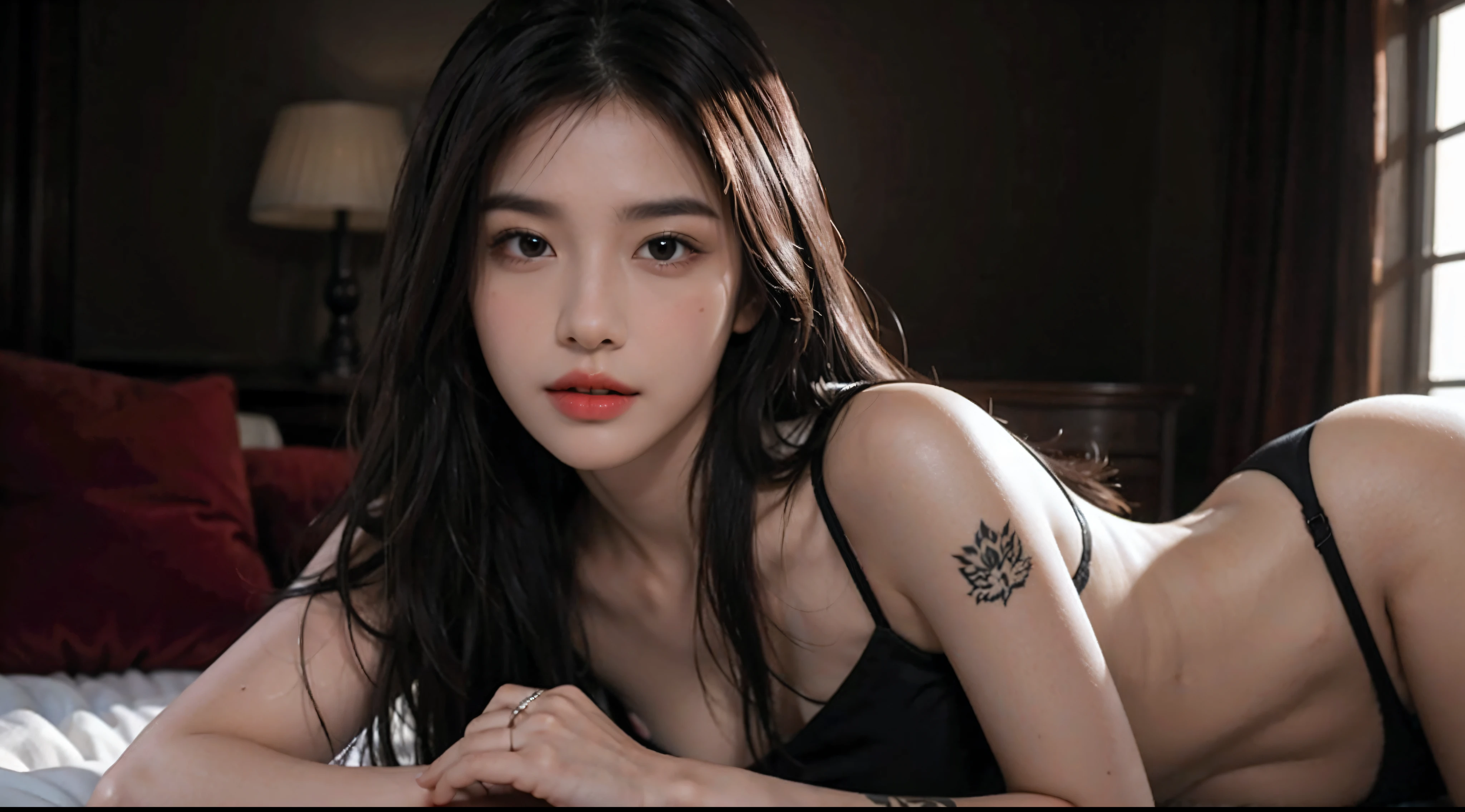 optics, high resolution, 1 woman, solo, hips up, looking at viewer, (face detail), dark hair, long hair, tattoo, jewelry