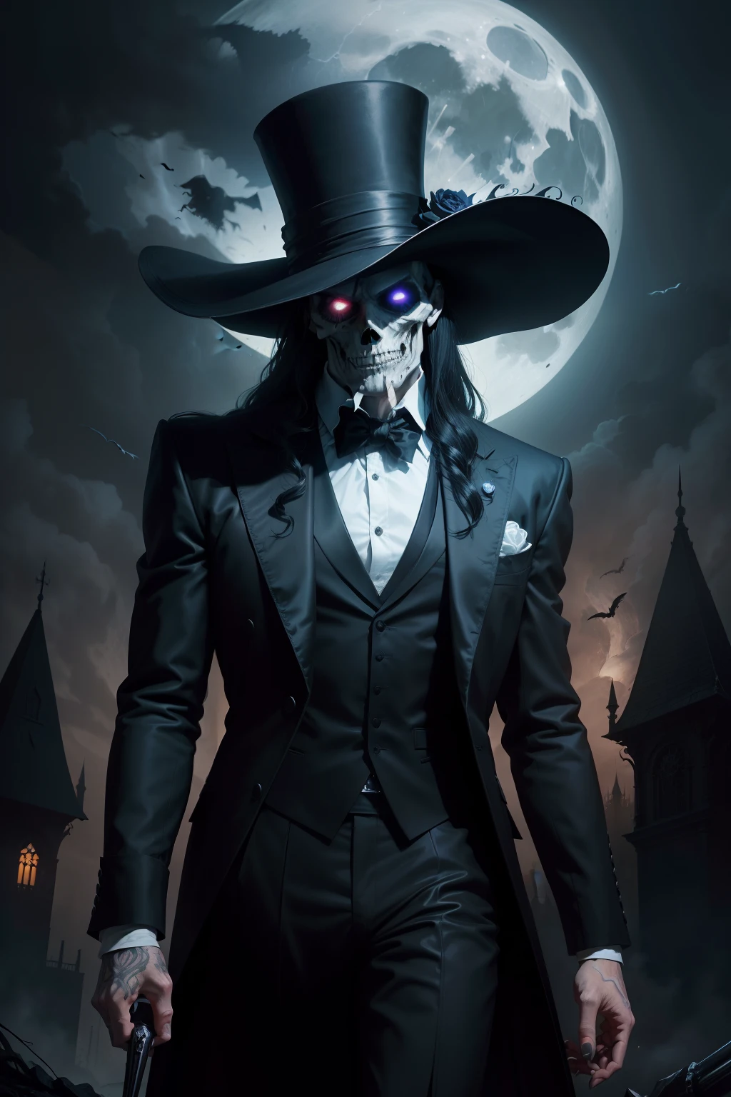 An image of a creepy undertaker with a skull for a head, wearing a tuxedo and top hat, holding a leg bone, background is a full moon and bats, close up, mood is morbid, shadowy, dreadful, gloomy, haunting, dark stormy sky, dramatic lighting, digital art, hyper realistic, 8k, unreal engine, character design, art by Peter Paul Rubens, Anne Stokes, Blaz Porenta, Zdzislaw Beksinski, Marc Simonetti, Gerald Brom.