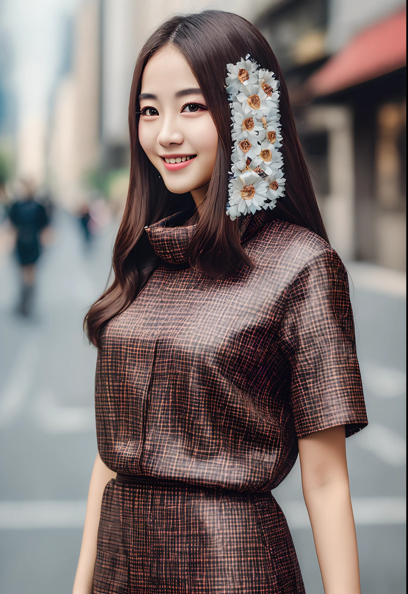 ((Best quality, 8k, Masterpiece :1.3)), 1girl, smiling, full body, slim face, Pretty woman, (Dark brown hair), full length dress :1.1, Ultra-detailed face, Detailed eyes, Double eyelid, blur background, slim face, city, outside, street, fashion like actress, double exposure