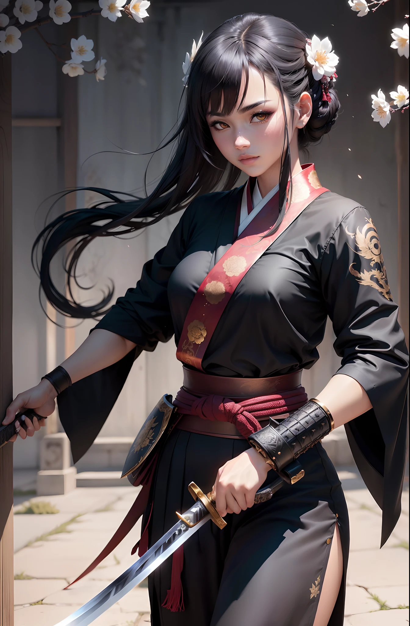 mulher arafed em uma roupa preta segurando uma espada e uma flor, Arte no estilo de Guweiz, Artgerm e Atey Ghailan, por Yang J, she is holding a katana sword, Alena Aenami e Artgerm, Ross Tran 8 K, Anime Garota Cosplay, segurando uma espada em seu ombro