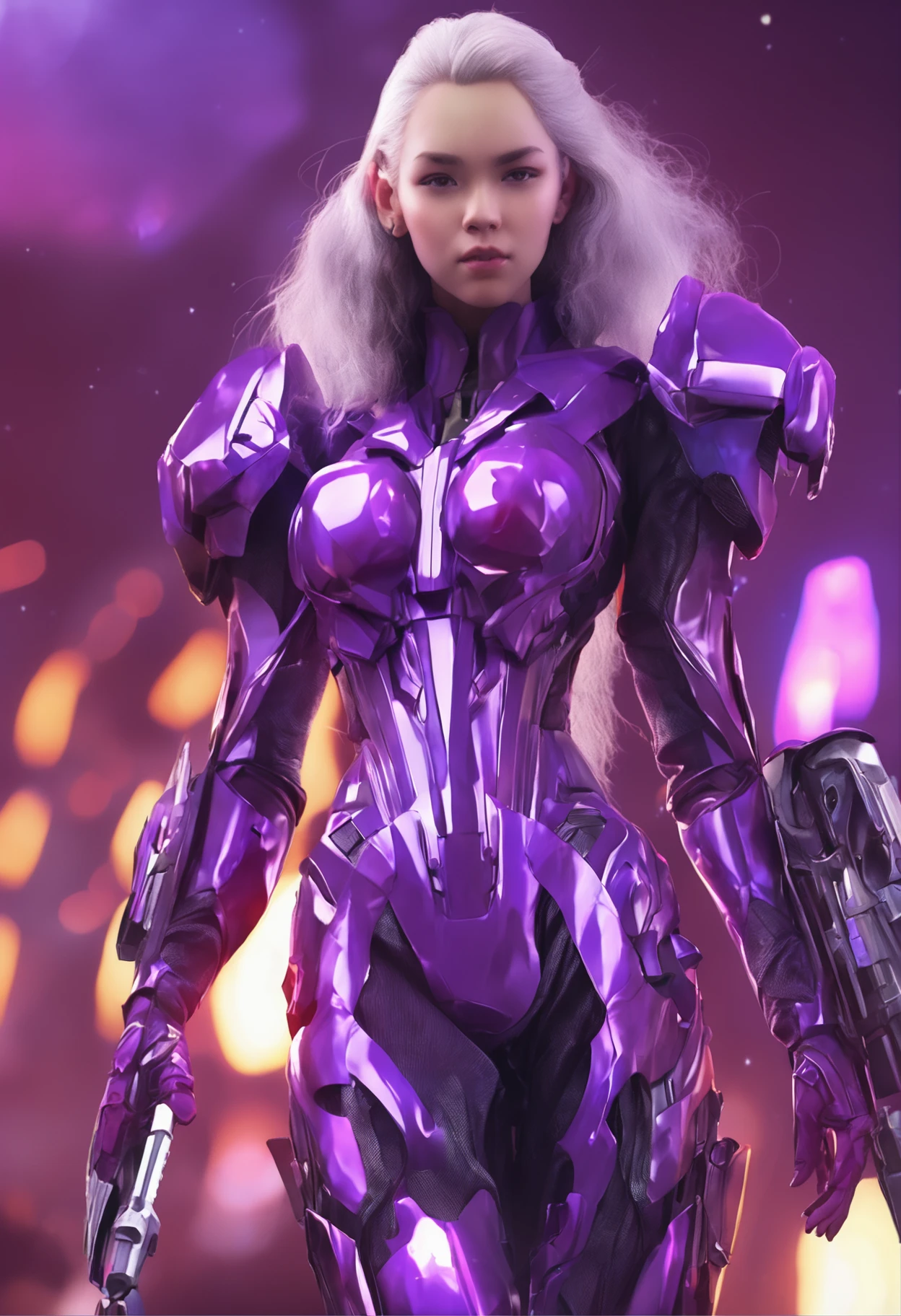 Girl in purple futuristic armor, tmasterpiece, hiquality, The girl stands at full height, The girl looks at us, white colored hair, violet eyes, purple magic, European appearance. realistic style, 真实感, violet eyes,