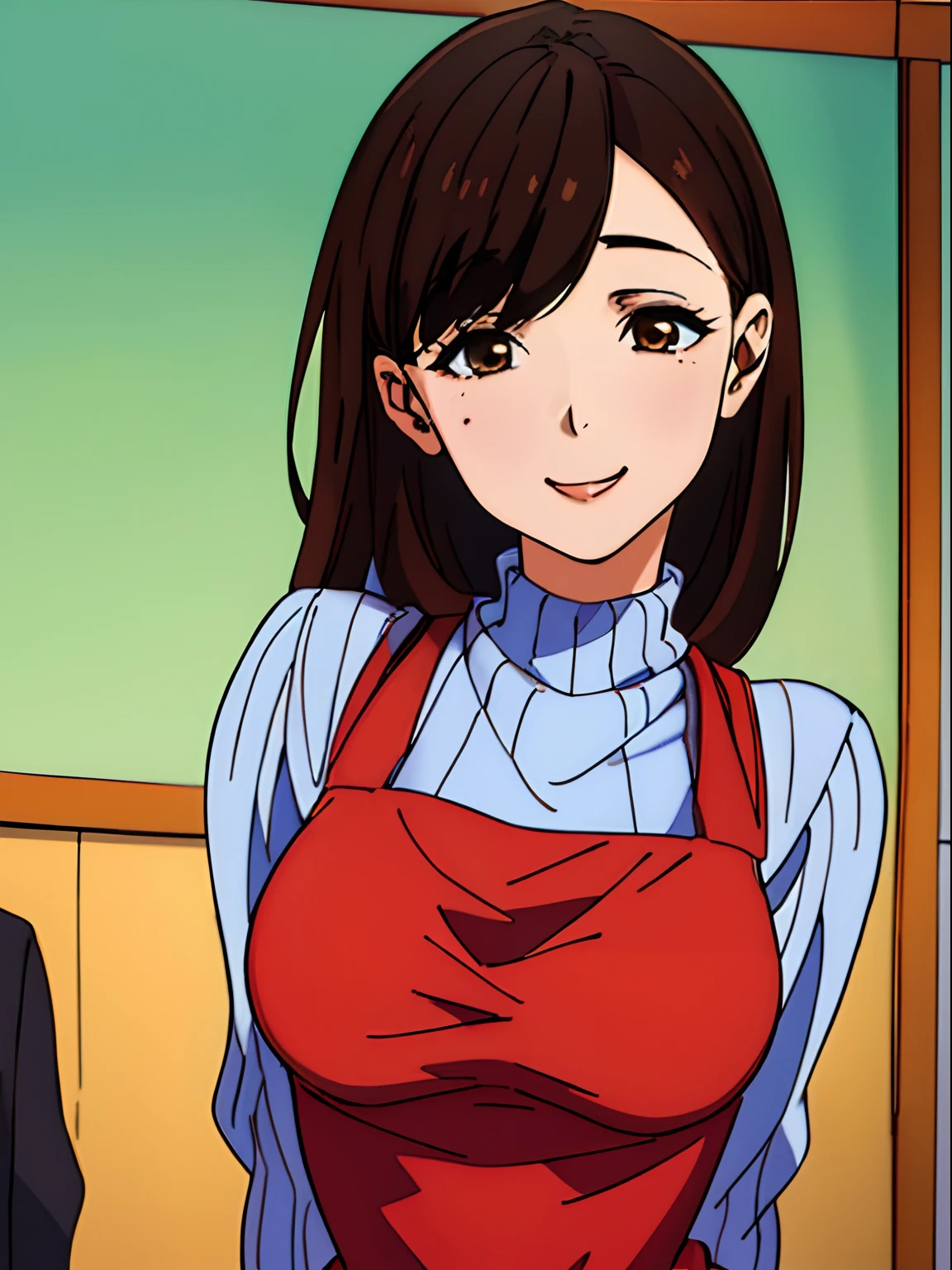 (masterpiece、top-quality:1.2)、((facing front:1.2))、30-year-old woman with、((The upper part of the body:1.2))、Promotional Art、offcial art、smil、Brown hair、bangss、Sweaters、pinafore、tits out