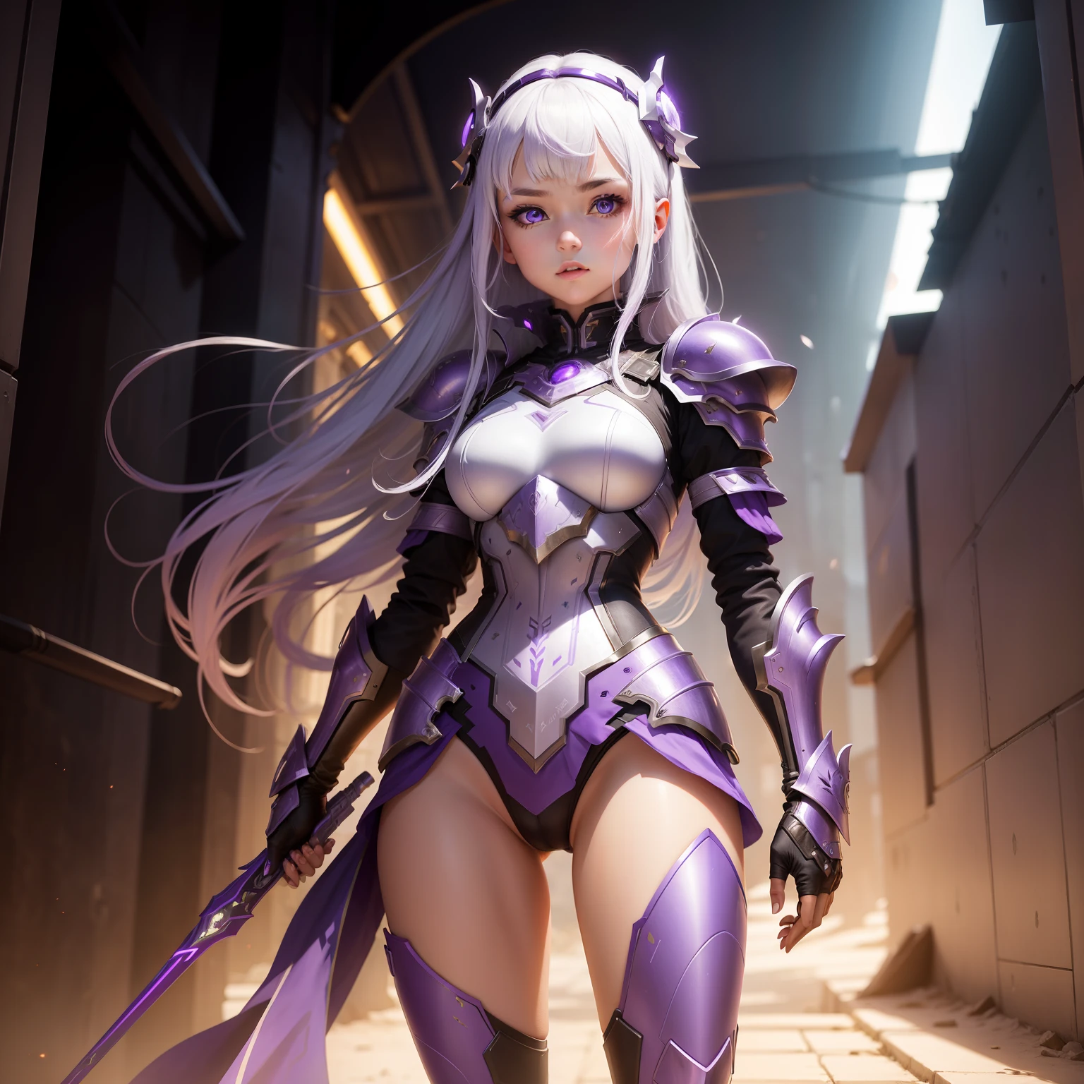 Girl in purple futuristic armor, tmasterpiece, hiquality, The girl stands at full height, The girl looks at us, white colored hair, violet eyes, purple magic, European appearance.