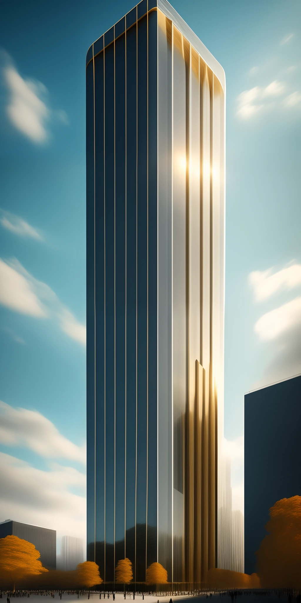 A tall building in a futuristic city designed by Zaha Hadid, a futuristic building, a modern building, sidewalks around the building, imagination, a fusion between the future and the past, hanging gardens, the hanging gardens of Babylon, sustainability, future technology, Very tall building, architectural creativity, new culture, self-sufficiency, the golden ratio, a beautiful building in the middle of the image, a blurry background, one building, spread, natural colors, calm colors, masterpiece, art, better resolution