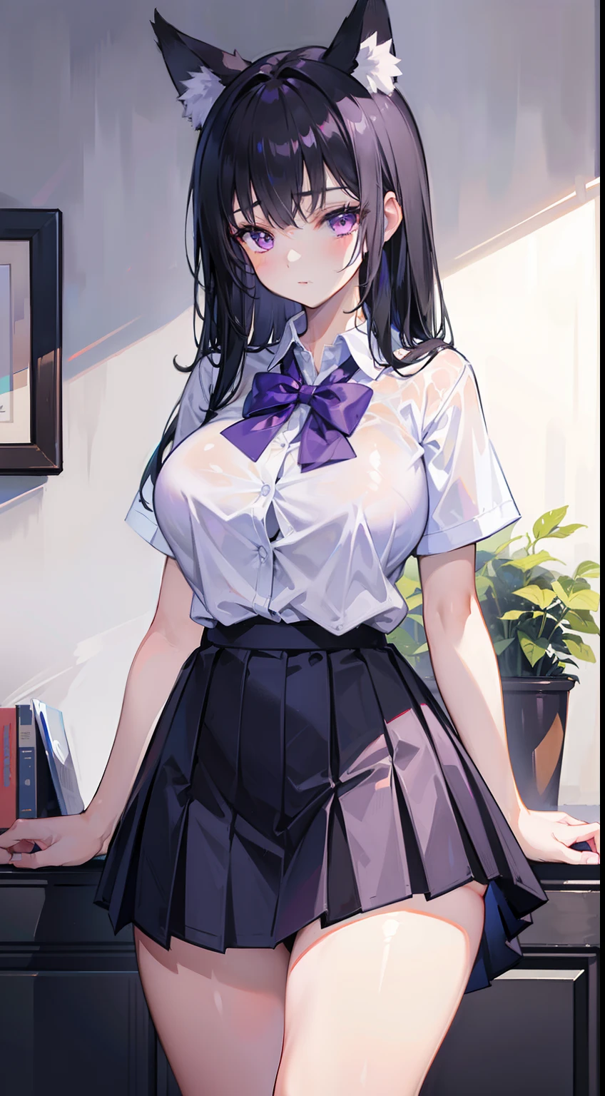 High quality, masterpiece, ultra-detailed, 1girl, sexy school uniform, very short skirt, bra and panties visible, solo, peaceful expression, long black hair, enchanting purple eyes, fox ears, ridiculously large breasts, shiny skin, bedroom