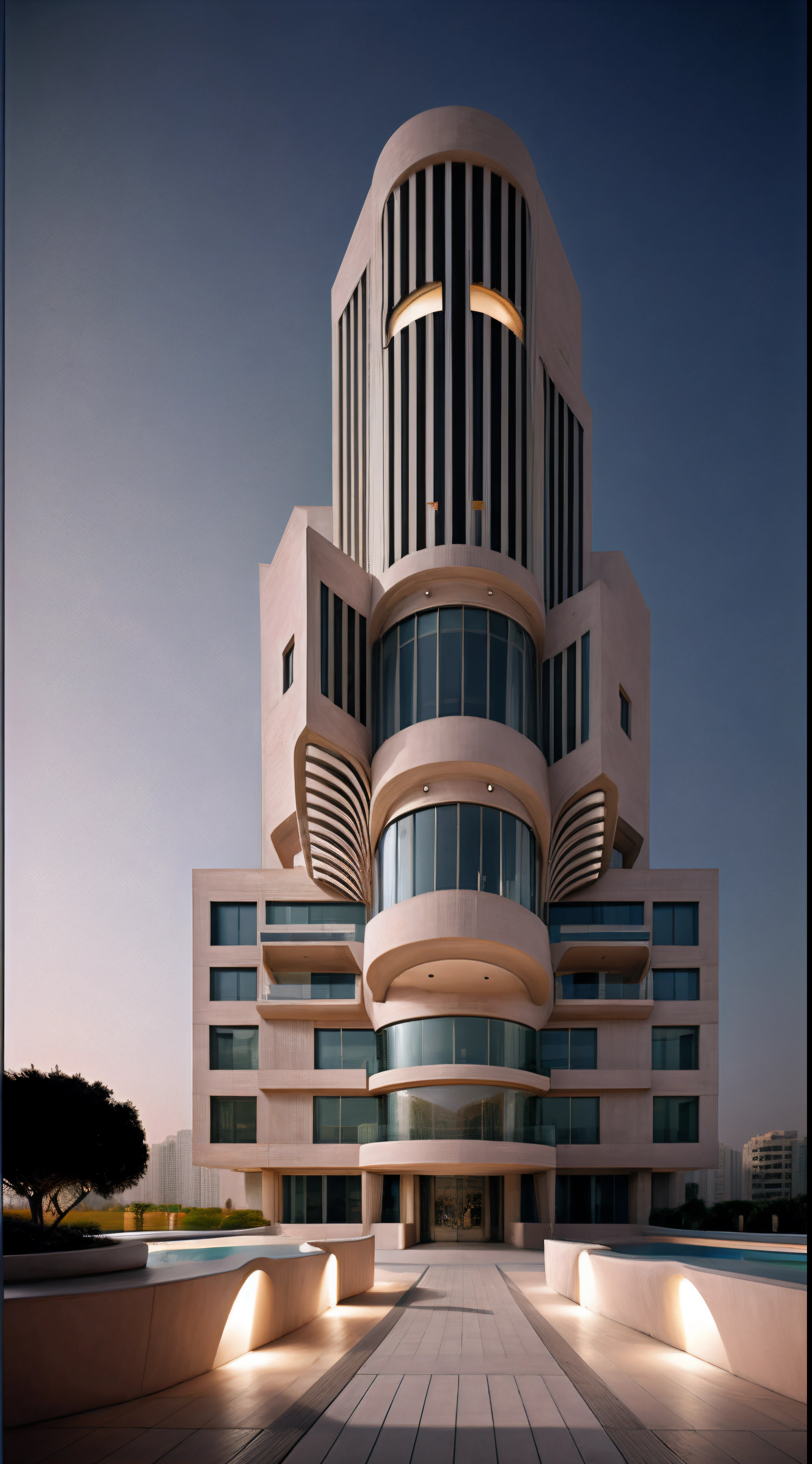 Modern residential tower in Dubai: Modern and innovative design, stunning glass façade, unique and bold engineering.
environment: Modern Dubai, skyscraper towers, stunning city and sea views.
Mood/Ambience: Civilized, luxurious, vibrant, looking towards the future.
Art Media/Techniques: Architectural Photography, Night Lighting, Modern Fonts, Vivid Colors.
Artists/Illustrative Artists/Painters/Artistic movements: Santiago Calatrava, Modern Dubai, Contemporary Architecture.
Camera settings: DSLR camera, wide lens settings, night light, color film.