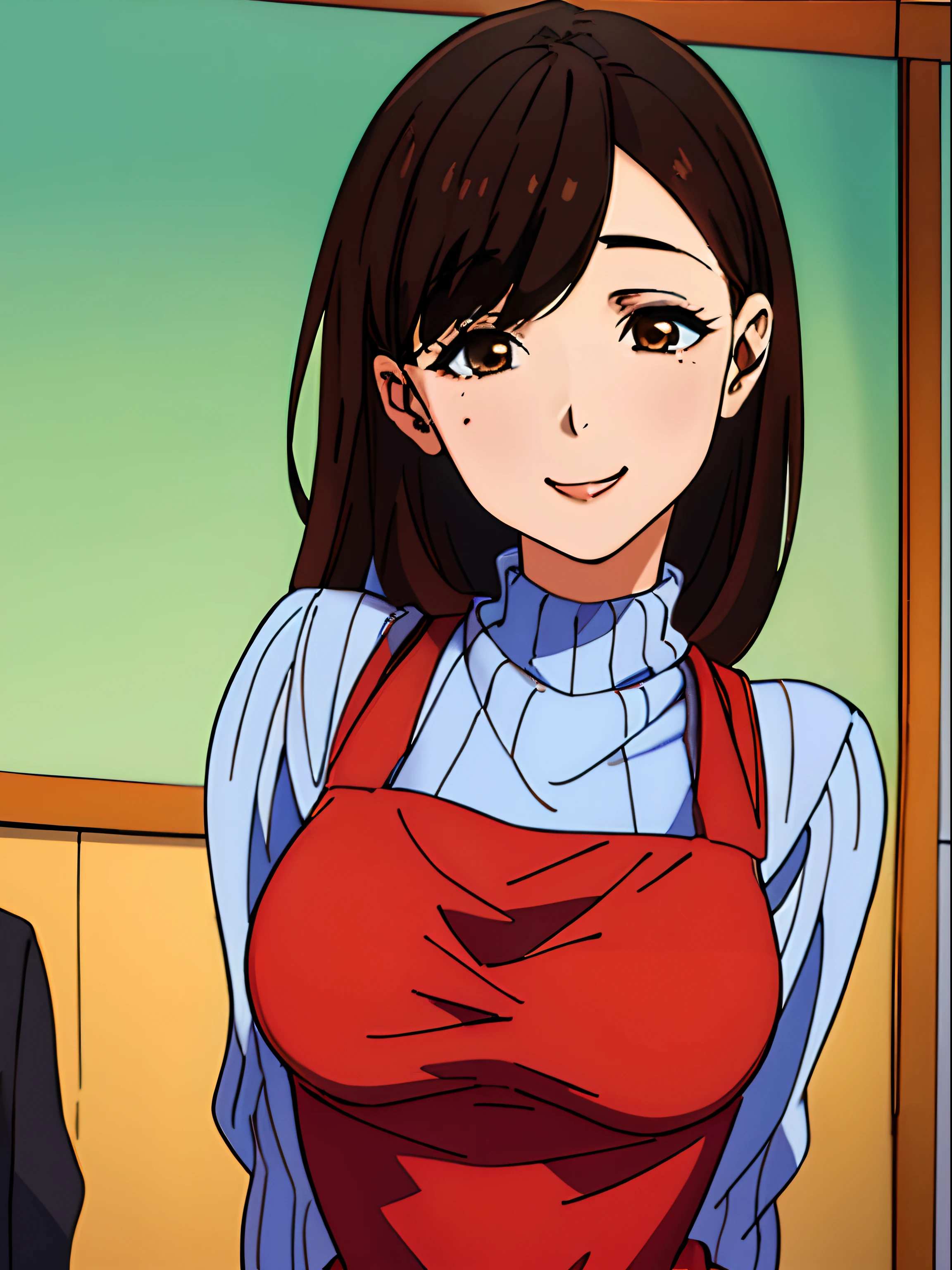 (masterpiece、top-quality:1.2)、((facing front:1.2))、30-year-old woman with、((The upper part of the body:1.2))、Promotional Art、offcial art、smil、Brown hair、bangss、Sweaters、pinafore、tits out
