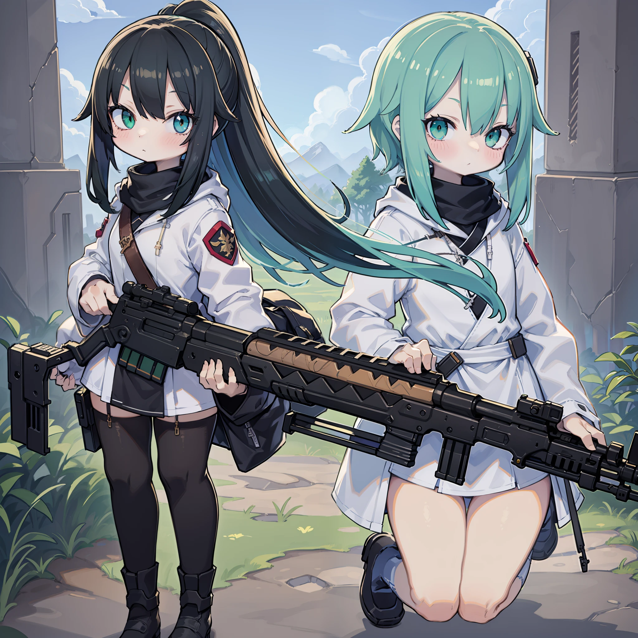 、assault rifle、Long sideburns、Anime-style girl with beautiful whole body, clean detailed faces, ciber,analogous colors, Glowing shadows, beautiful gradients, depth of fields, CLEAN IMAGE, High quality,Black Parker Closing、 high detailing, High Definition, blush, Fit, Heavenly Beauty, Very detailed, Soft lighting, Full body,Green&Black hair,Green eyes、