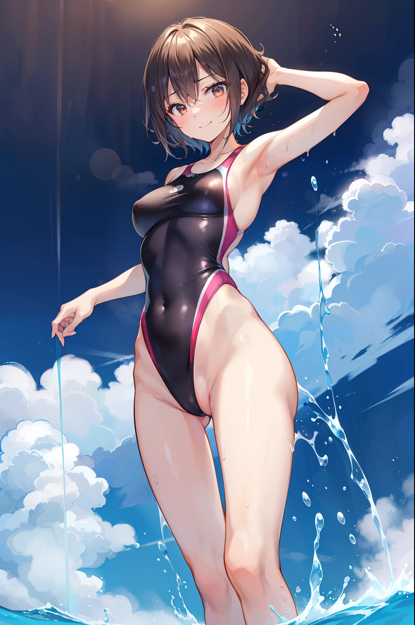 masterpiece, top-quality, hight resolution, Hi-Res, ultra-detailliert, 1girl in, Full limbs, complete fingers, Slender 18 year old beautiful active girl, Brown-eyed, Slender eyes, A dark-haired, extra very short hair, ((Black skin)), ((White competition swimsuit)), onepiece swimsuit, wet, wetting hair, A smile, High school students, full body Esbian, Photo session, Standing on one leg, Bust 86, Waist 58, Hip 88, ((full of sweat)), (Put your hands behind your head, Show the armpits:1.28),