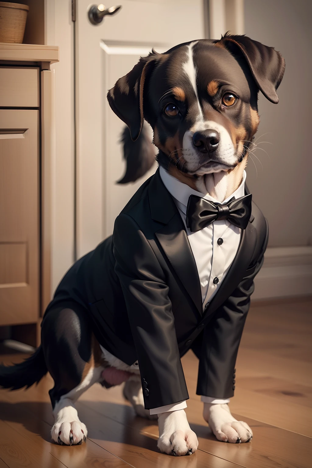 One dog in a tuxedo