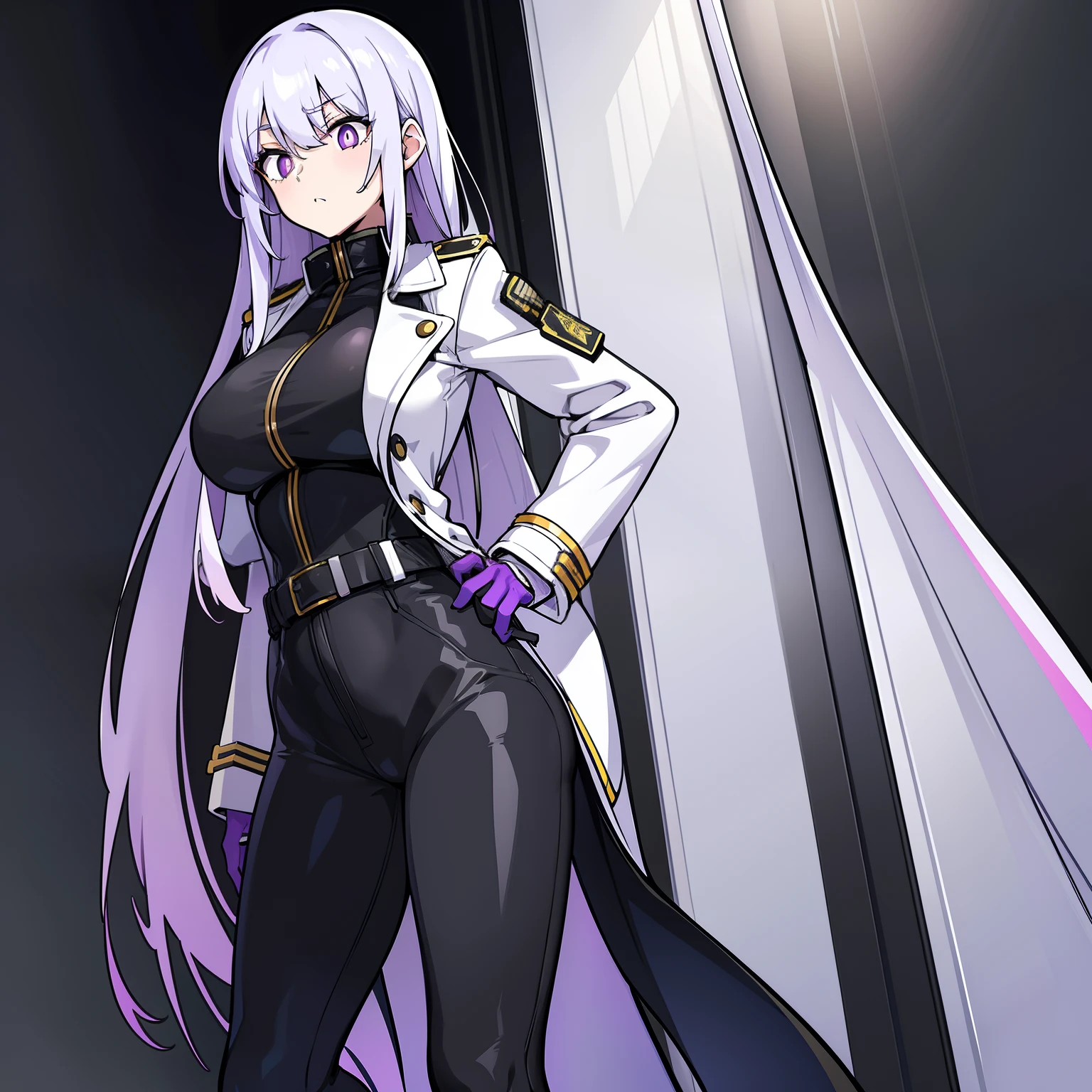 Two-dimensional woman,Long white silky hair,Bright purple pupils,White trench coat with black hard vest armor,A tactical belt hangs a black pocket,Black slim trousers with leggings,A pair of black tactical high-top boots,4k高清