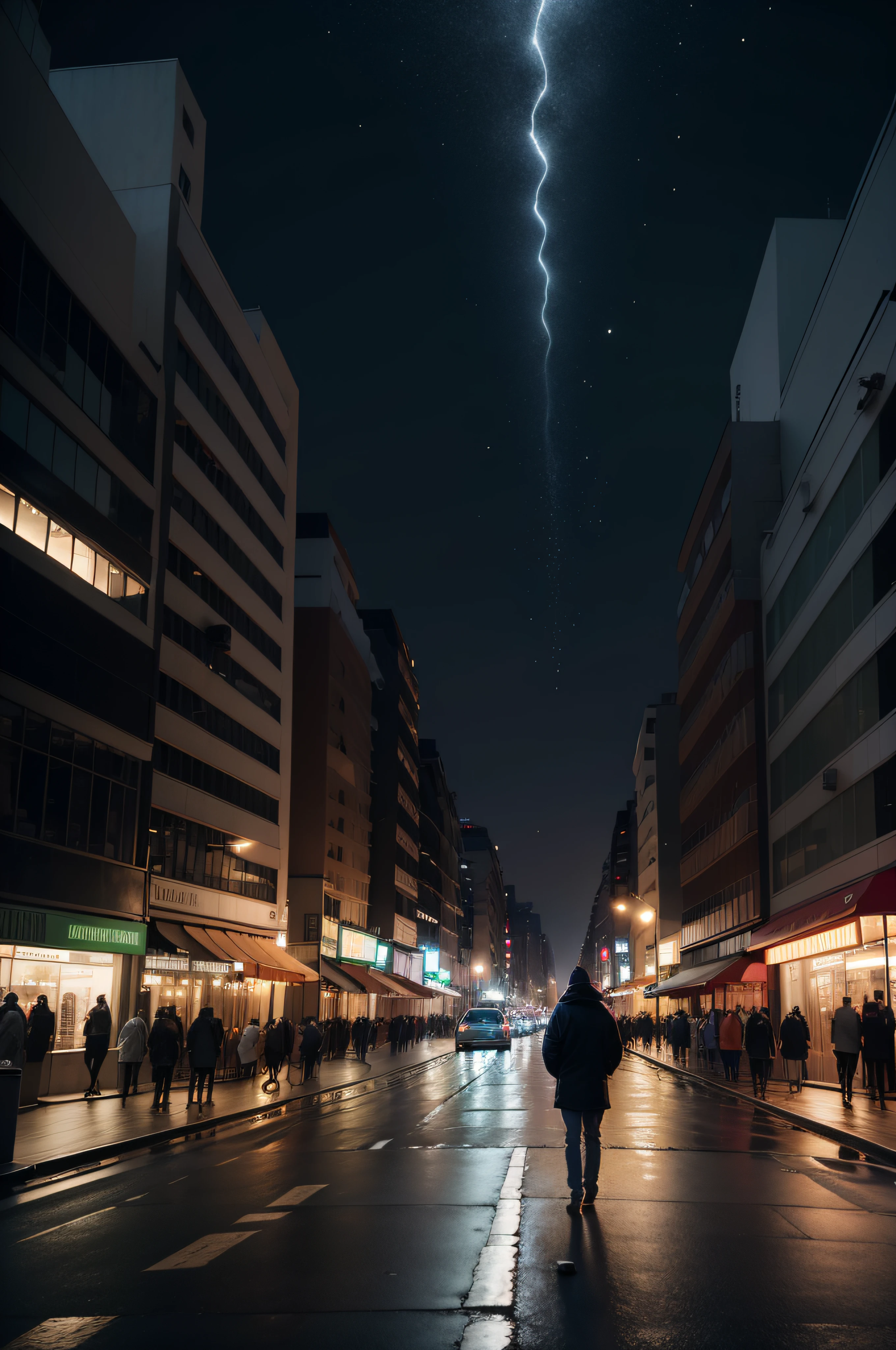 Uma cena noturna se projeta diante dos olhos, com uma ampla rua que se estende ao longe. The darkness of the night envelops the landscape, enquanto a rua, iluminado por dim, spaced lights, revela sua amplitude. there is a sign of human and vehicle movement, creating a sense of tranquility and loneliness. No meio da rua tem uma pessoa parada de costas. The tall buildings and shops that line the street look like dark silhouettes against the night sky. Its windows are illuminated by a soft and welcoming light, casting a comforting glow into the surrounding darkness. The poles scattered along the path create diffuse lighting, Revealing small portions of asphalt pavement. A rua parece agitada com o vai e vem dos carros e pessoas vindo no sentido contraria da pessoa, The silence is palpable, permitindo que a serenidade da noite tome conta. The person in the middle of the street seems this calm and serene as the street churns with the movement around. People coming in the opposite direction are without definition, with blur in the eyes. The image captures the loneliness and calm of the person in the middle of the street, where the wide street becomes a space of contemplation and tranquility. It's an invitation to the main character's loneliness, ( melhor qualidade) ((high solution)) ,(( foto realista)) , (foco nítido) atmosfera acolhedora, extremely high-resolution, hiper detalhado,4k ,vray render, octan render, hyper realistic, especialista em fotografia, fotografia profissional, tiro grande angular , ultra detalhe , extremely high-resolution
