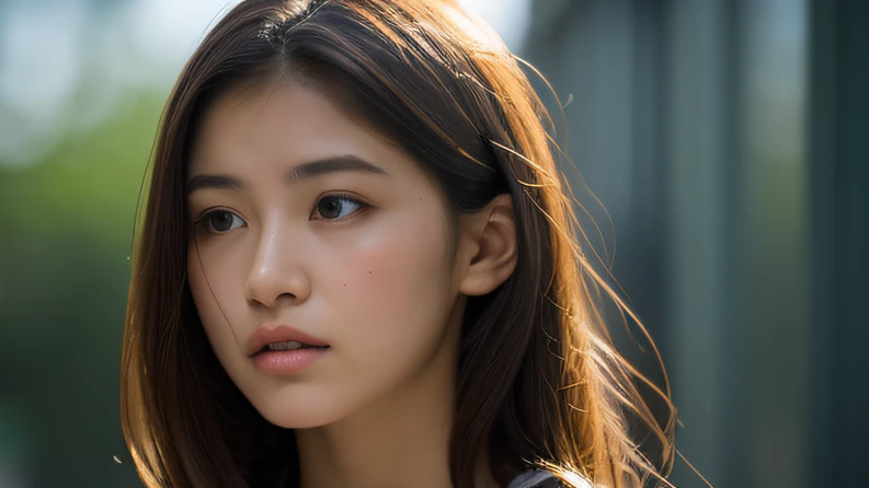 The female student mouthed after class（（top Quority，8K，tmasterpiece：1.3）），Contemptuous woman（hot onsen），perspired，Water droplets on the forehead of the face，exteriors，background urban cityscape，Overhead，Sharp focus：1.2，cute women：1.4，（（Layered Hair Style）），（Contemptuous contempt），very detailed face and skin and hair texture，Knotted brunette hair，Moist textured hair，Moist body，Detailed eyes， Contemptuous contempt，White skin of the，Beautiful legs， beautiful delicate nose，cute young woman，18yr old，dynamic angle，Deleite para la vista，Compositional suggestiveness，while emphasizing the subject's hair，The eye，Mouth and movements，At the same time, It exudes contempt，It is characterized by calming tones and a mixture of light and shadow，Contemptuous contempt，Popular Latino Ariana Van X