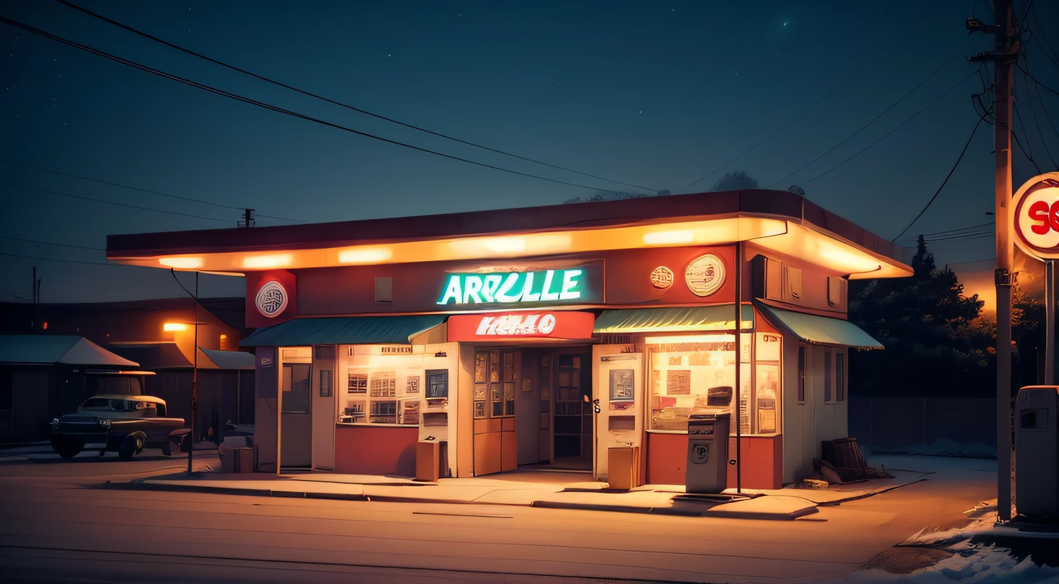 An anime-style illustration of an old gas station
 road in the United States in the 50s. It's night
 and there is a warm light coming from inside the station.
 El suelo es de cemento agrietado.A bright sign with neon lights reads "Gasolina Joe's"
 en letras grandes. The night sky is full of stars."