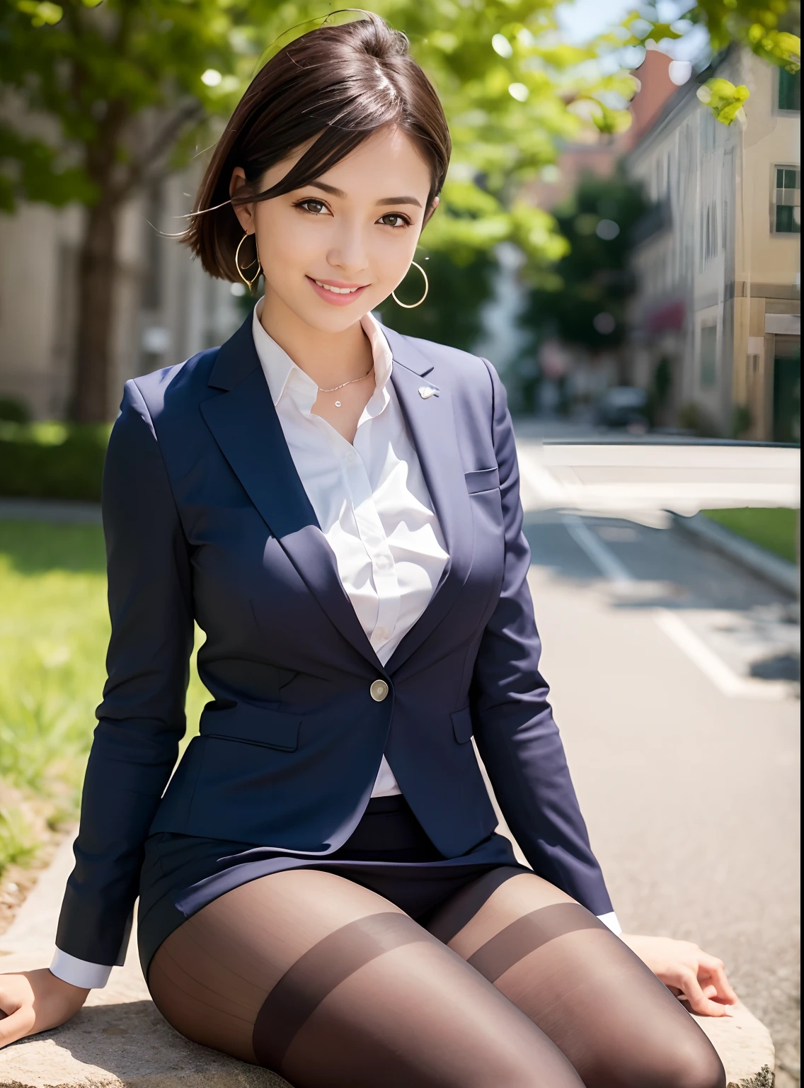 (8K, Best quality, Masterpiece:1.2),
(Realistic, photo-realistic:1.37),
Ultra-detailed,

1 girl, full bodyesbian, Outdoors, (Adjust hair:1.5)
Office Lady, black officeblazer, officeskirt, (Pantyhose:1.2), (short buttoneddownshirt:1.2), buttonedupcollarprim, buttoneddowncollarprim, Bra, (Pantyhose:1.2), alphalayers, high-heels,

Beautiful earrings,
Cute,
Solo,
Beautiful detailed sky,
(Smile:1.15),
(Closed mouth),
Small breasts,
Beautiful detailed eyes,
Business attire,
(Short hair:1.2),
Floating hair NovaFrogStyle,