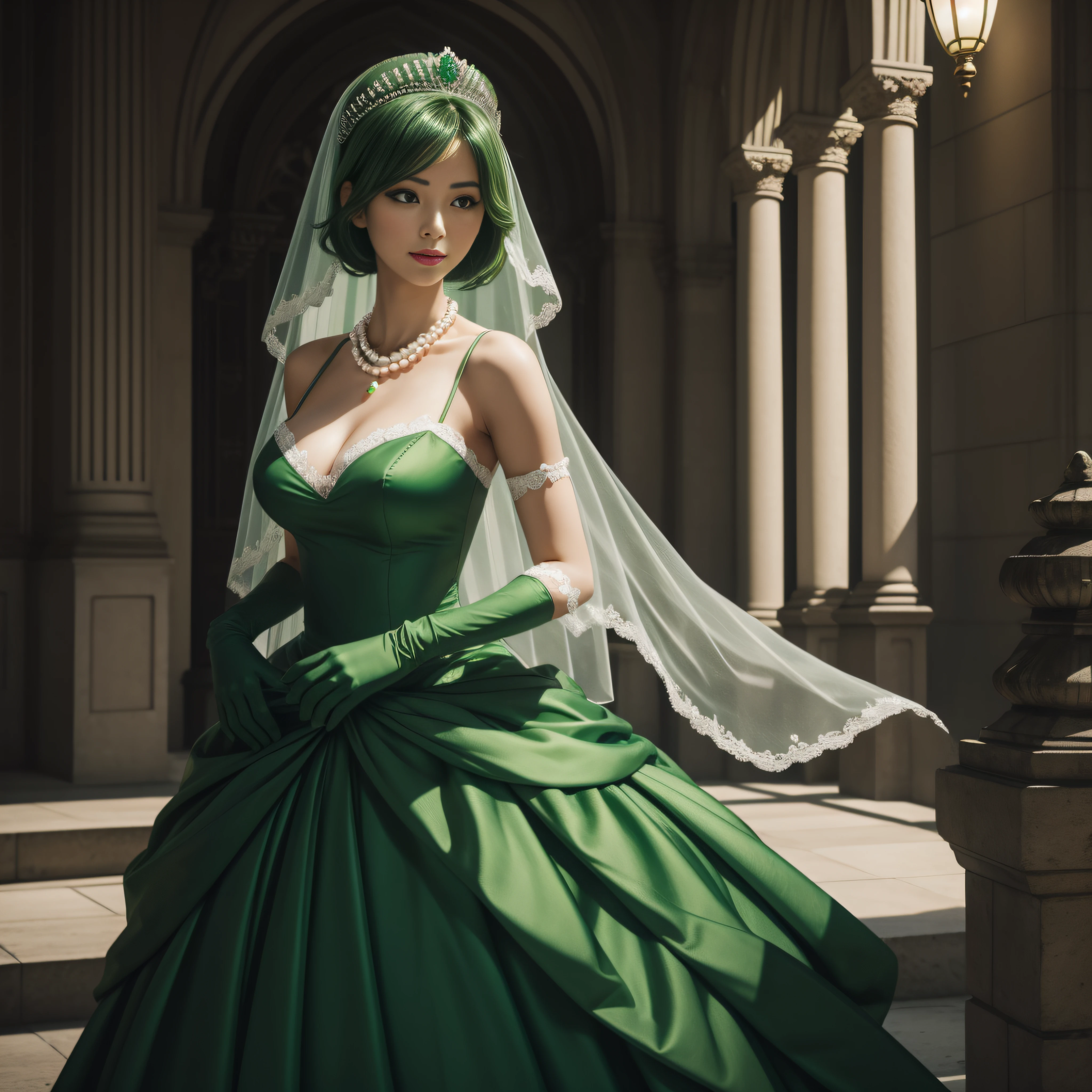 Green Dress Flower Cleanser，Sense of atmosphere, best qualtiy，tmasterpiece，1girll，30-years old，Green dress，Daytime Church，full body Esbian, Green gloves，With short green hair，big breasts beautiful，looking at viewert，ssmile，Green Bridal Veil，Green Long Grove，Satin green long gloves,　lipsticks, Pearl Necklace、Green gloves,　emerald tiara, A Japanese Lady