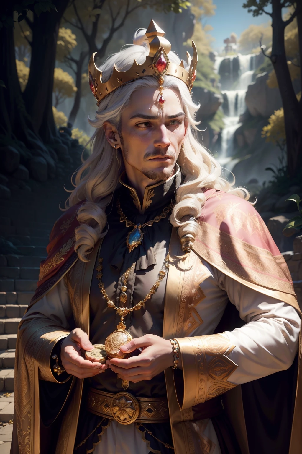 An image of a wealthy king, wearing a jeweled crown and other jewelry, holding coins in hand, background is springtime landscape, mood is productive constructive, bravery, power, daytime light, digital art, hyper realistic, 8k, unreal engine, character design, art by Mark Ryden, Greg Simkins, Jason Limon, Dan Quintana.