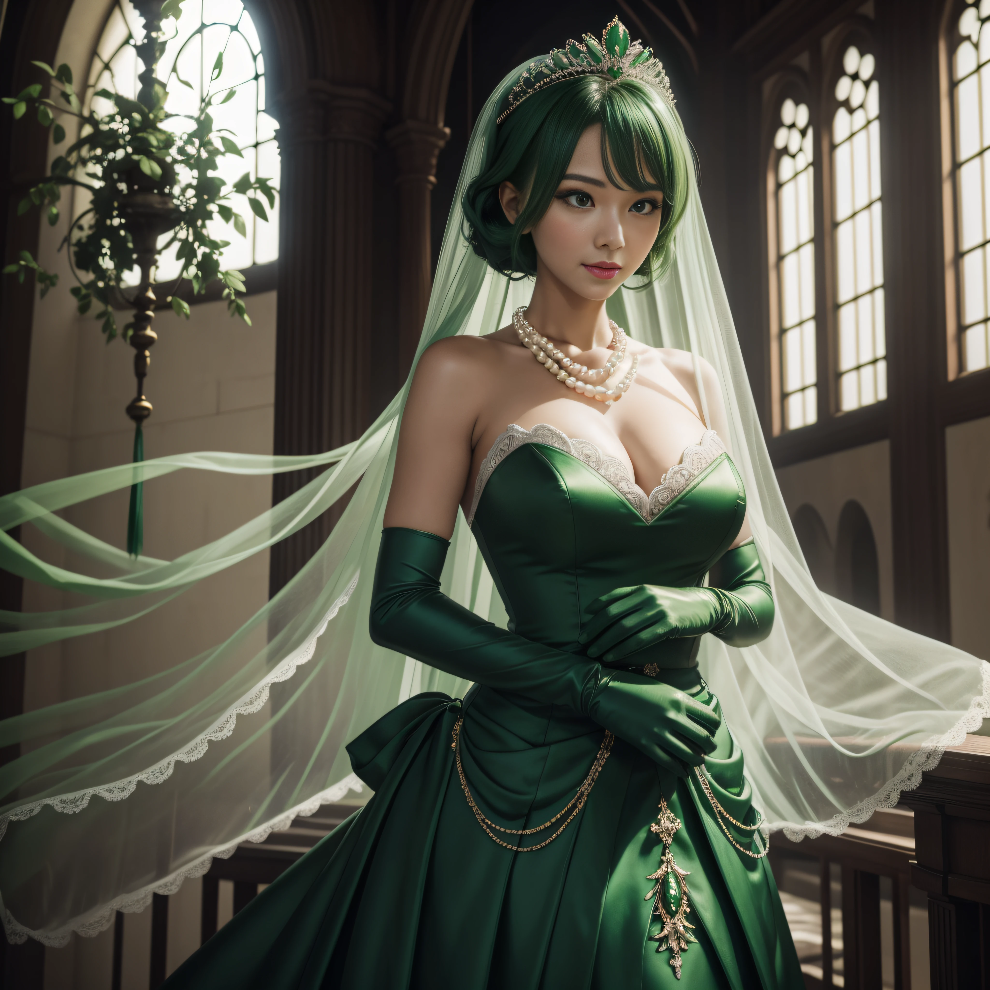 Green Dress Flower Cleanser，Sense of atmosphere, best qualtiy，tmasterpiece，1girll，30-years old，Green dress，Daytime Church，full body Esbian, Green gloves，With short green hair，big breasts beautiful，looking at viewert，ssmile，Green Bridal Veil，Green Long Grove，Satin green long gloves,　lipsticks, Pearl Necklace、Green gloves,　emerald tiara, A Japanese Lady