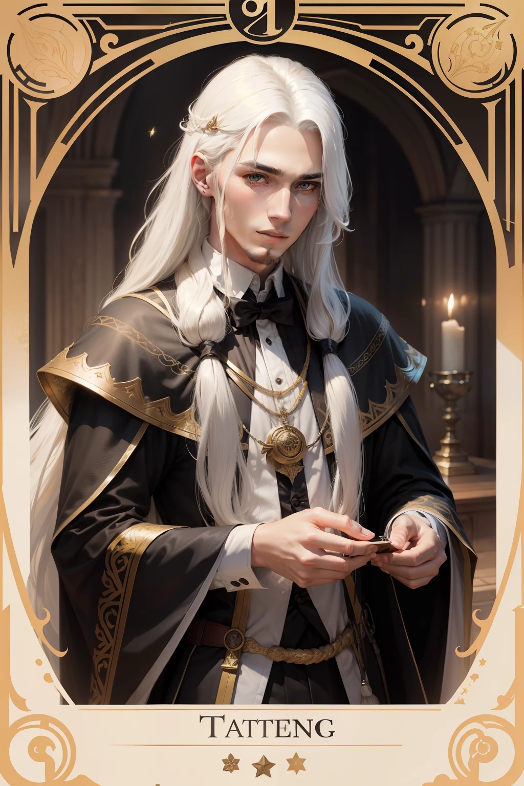 Young man with long white hair，tarot card