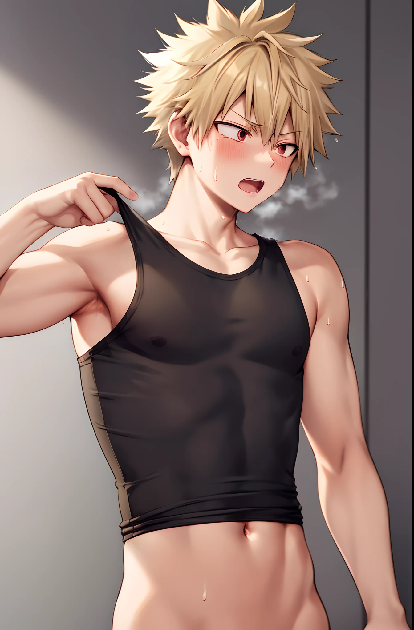Male blanc stripping after exercise, short boxer briefs, lifting shirt annoyed and pouty expression