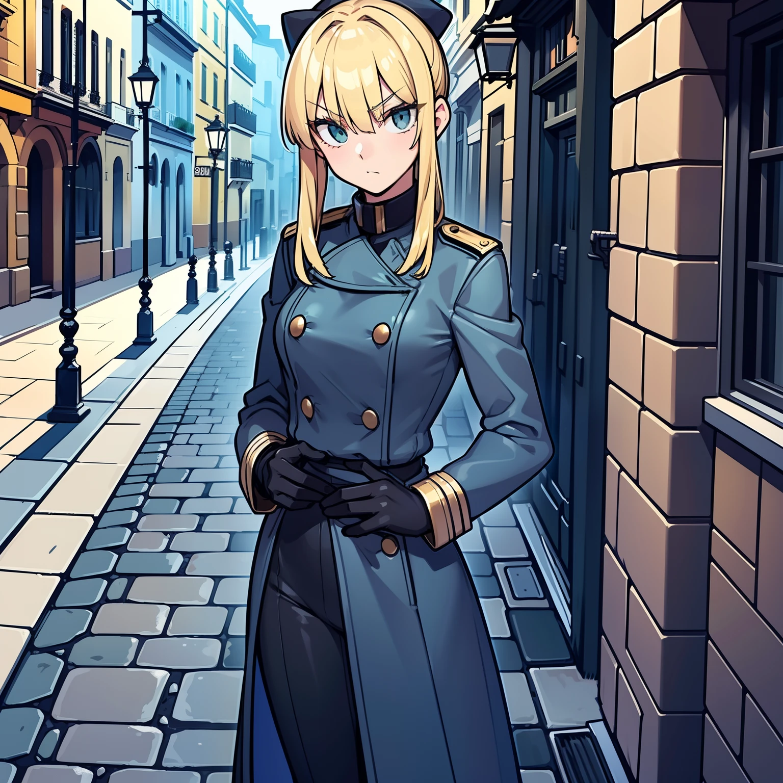 Lonely young girl, Tall stature, little chest, Slavic appearance: Green eyes; blond hair; sharp facial features; Straight nose; pronounced high cheekbones, stands upright, military uniform: gray double-breasted overcoat; gray pants, full length, max detail, Masterpiece quality, black leather gloves, in the middle of the street, Background: A street with a stone paved road with European stone houses from the first half of the 20th century, High quality shadows, High quality of light, High quality clothing.