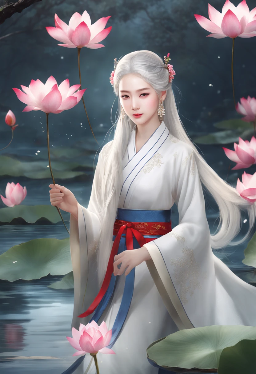 ((4k,tmasterpiece,beste-Qualit)), Shuimobisim, Traditional Chinese ink painting, lotus, Hanfu, Maxiskit, Dress conservatively 1girl, 独奏, long snow-white hair, ssmile, standingn, feet in water, bare footed, golden eyes, Small horns