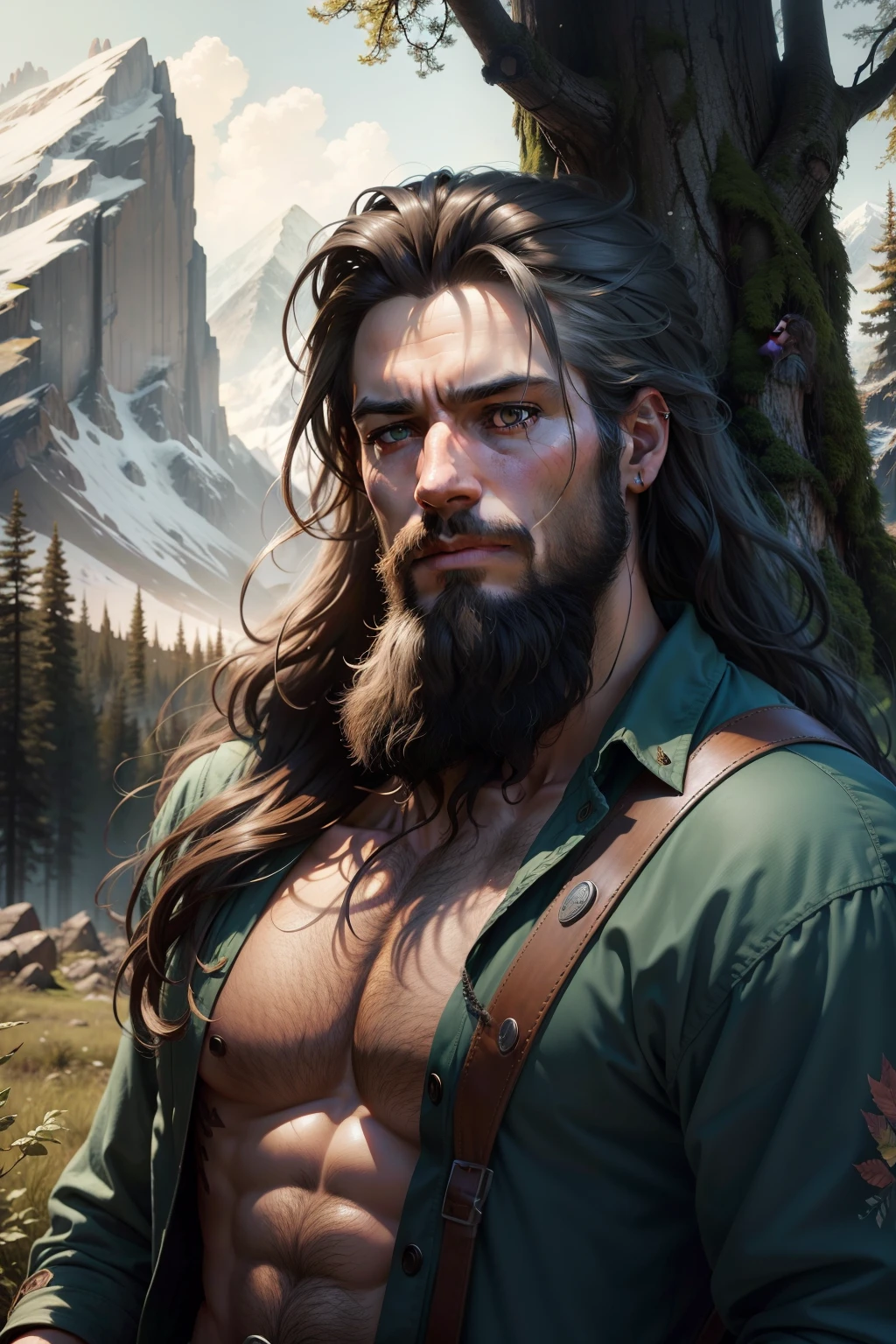 An image of a rugged, nature loving man with long messy hair and beard, examining the leaves of a tree in a forest, background is summertime with mountain in distance, mood is grace, peace, sublime, delight, daytime light, digital art, hyper realistic, 8k, unreal engine, character design, art by Mark Ryden, Greg Simkins, Jason Limon, Dan Quintana.