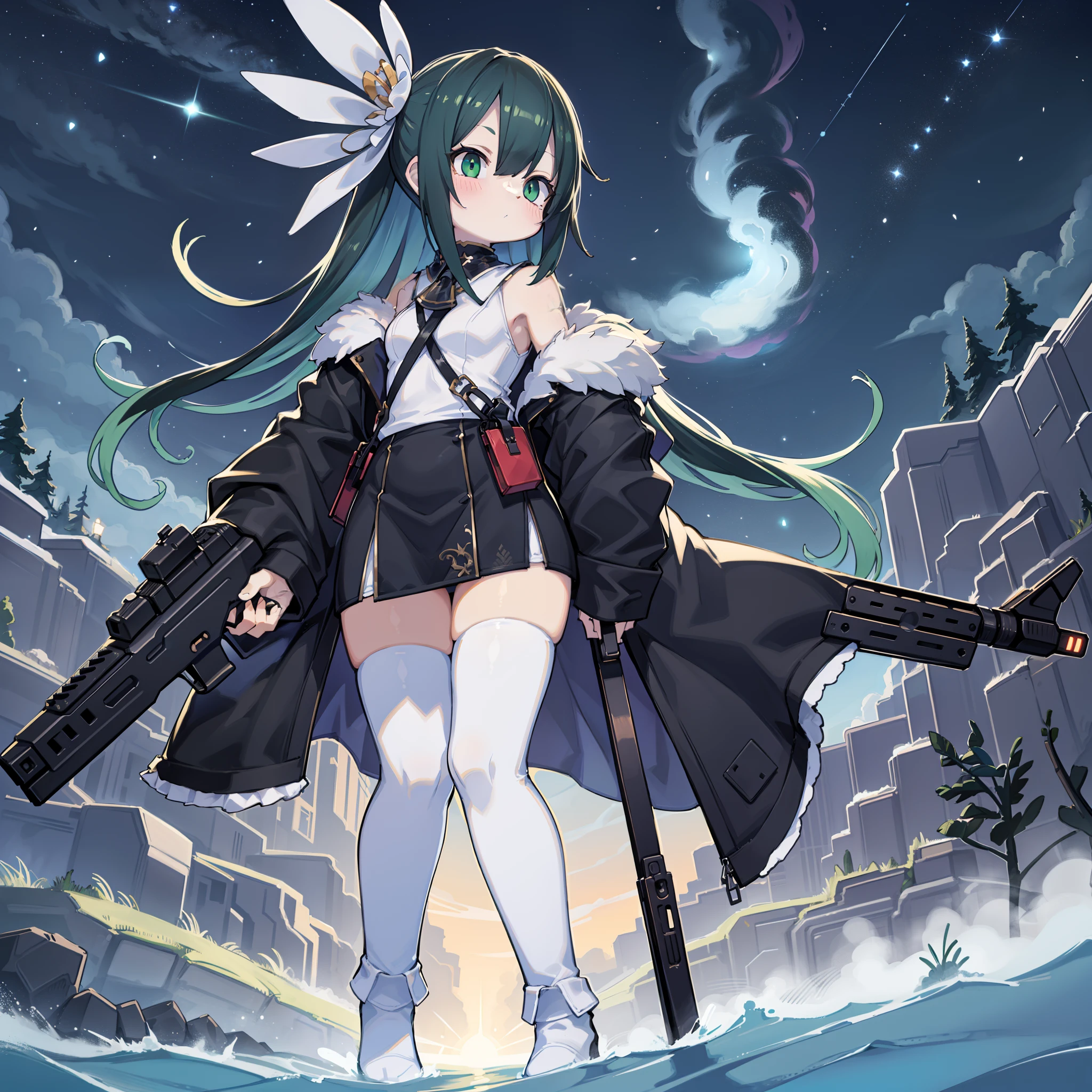 、assault rifle、Long sideburns、Anime-style girl with beautiful whole body, clean detailed faces, ciber,analogous colors, Glowing shadows, beautiful gradients, depth of fields, CLEAN IMAGE, High quality,Black Parker Closing、 high detailing, High Definition, blush, Fit, Heavenly Beauty, Very detailed, Soft lighting, Full body,Green&Black hair,Green eyes、