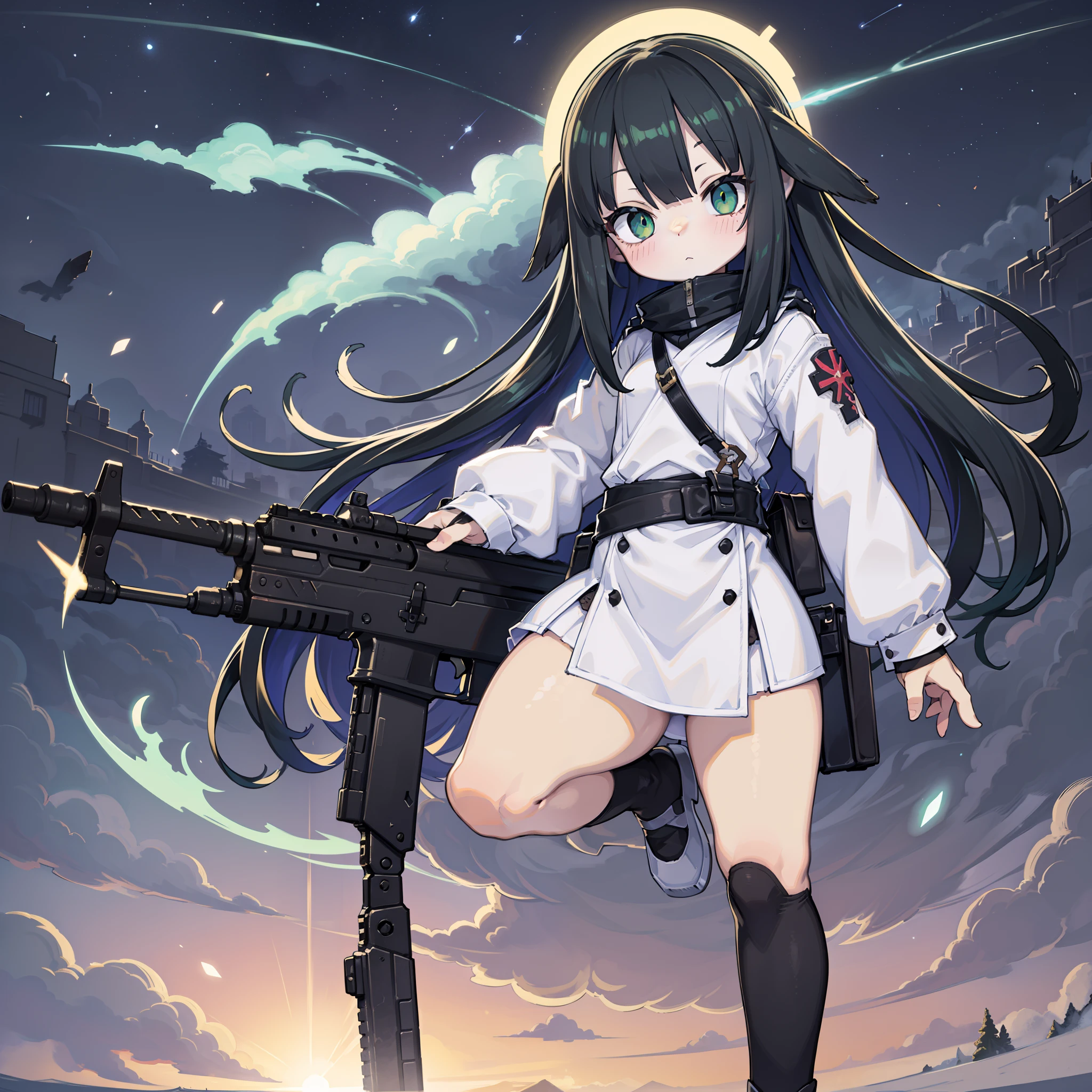 、assault rifle、Long sideburns、Anime-style girl with beautiful whole body, clean detailed faces, ciber,analogous colors, Glowing shadows, beautiful gradients, depth of fields, CLEAN IMAGE, High quality,Black Parker Closing、 high detailing, High Definition, blush, Fit, Heavenly Beauty, Very detailed, Soft lighting, Full body,Green&Black hair,Green eyes、