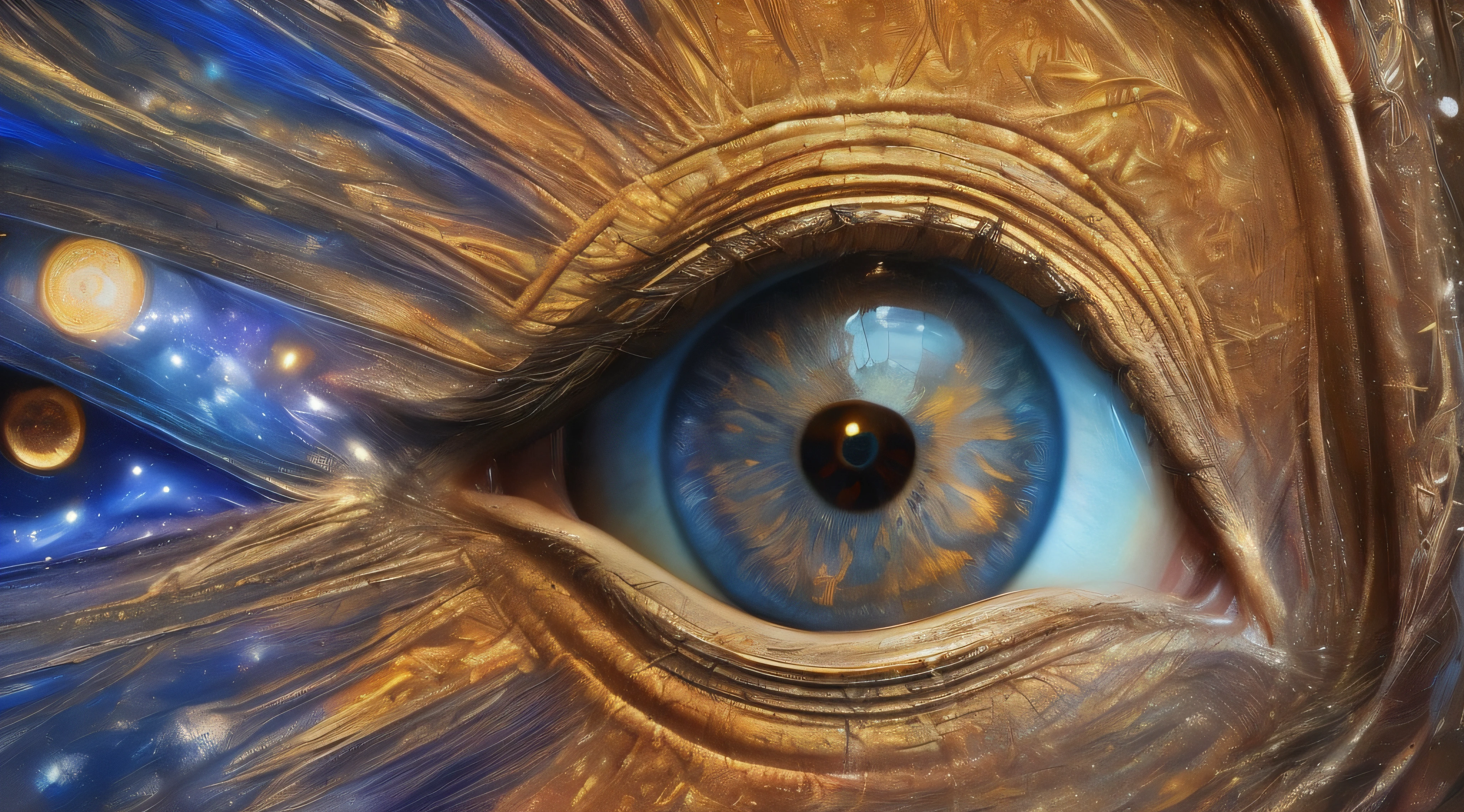 There is a closeup of a very large eye with many stars, Portrait of a mystical giant eye, olho coerente, mystic eye, Foto do olho humano de Iris, O Olho do Universo, canalizando a energia do terceiro olho, olho humano, bipe. hiper-realismo, ImagineFX : : hiper-realismo, Detalhes oculares aprimorados, foco intrincado nos detalhes dos olhos