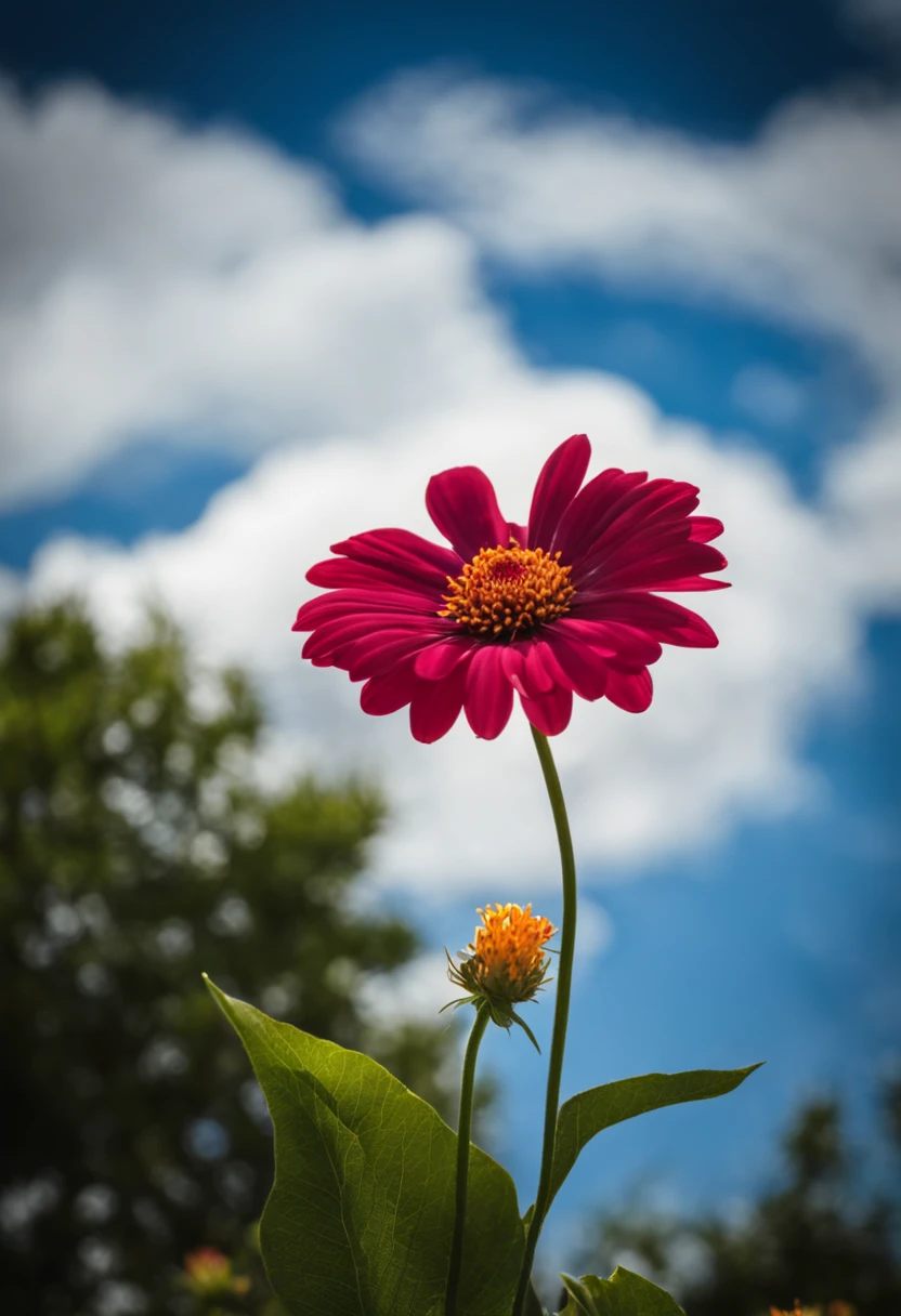 A solitary flower and blue sky with cloud fillets