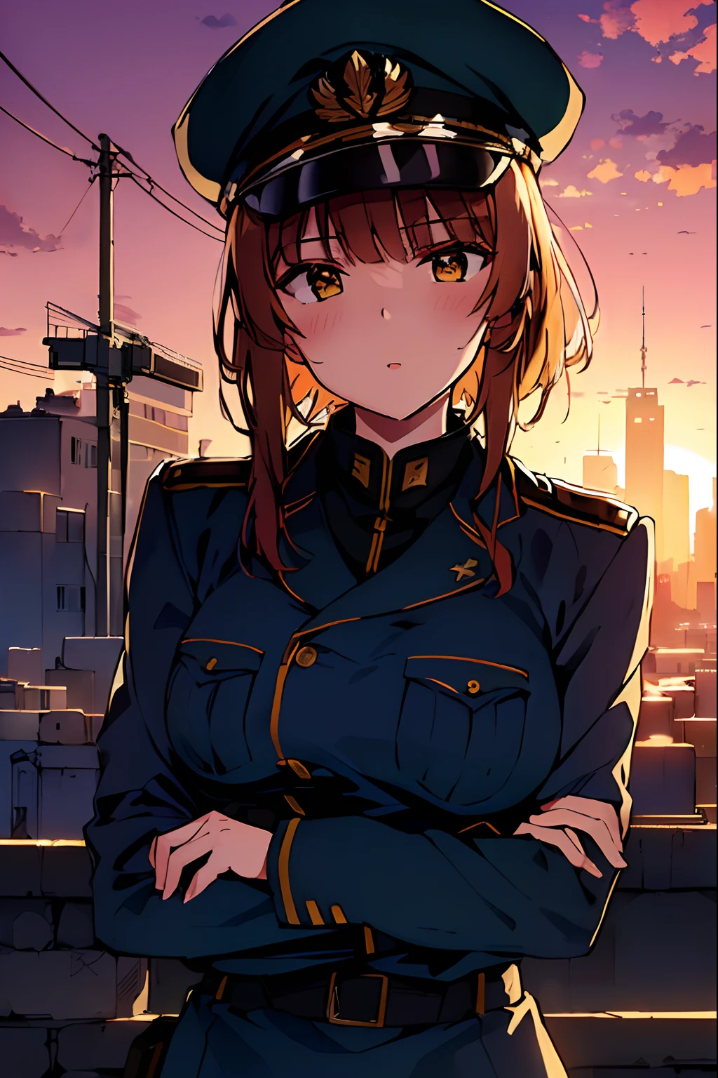 Makima, military uniform, background fix, sunset, cities lights, dynamic lighting