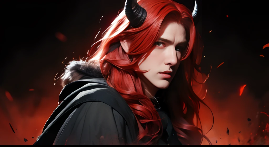 Man, red hair, orange eyes, black horns, long hair, medieval background, boy