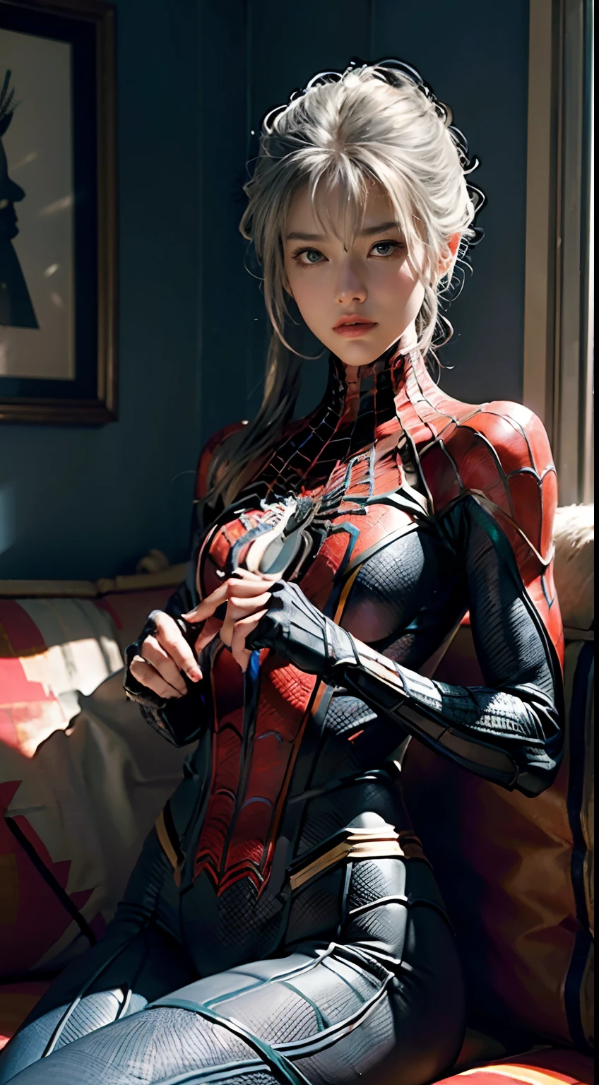 (Extreme Detail CG Unity 8K wallpaper、masterpiece、top-quality)、(exquisite lighting and shadow、highly dramatic picture、cinematic lens effects)、Girl in white Spider-Man costume、Costumes with high detail textures、Slippery costumes、The sheen、Muchimuchi、Piccili、Attached to the body、Curves with beautiful body contours、Silver-gray hair color、Spider-Man Parallel Universes、Wenger、Marvel、spider-man、sitting in the couch、Dynamic poses)、(excellent details、outstanding lighting、wide angles)、(Excellent rendering、Enough to stand out in its class)、 White Spider-Man costume、Focus on complex spider textures