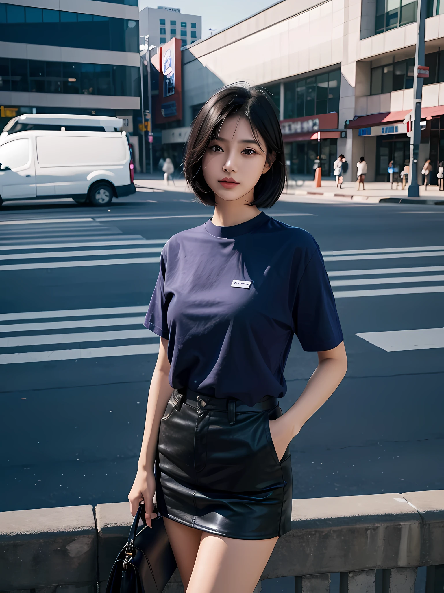 1girl, Asian, short black hair, purple eyes, wearing plain blue shirt, short white skirt, city, absurdres, high res, ultrasharp, 8k, masterpiece, looking at viewer