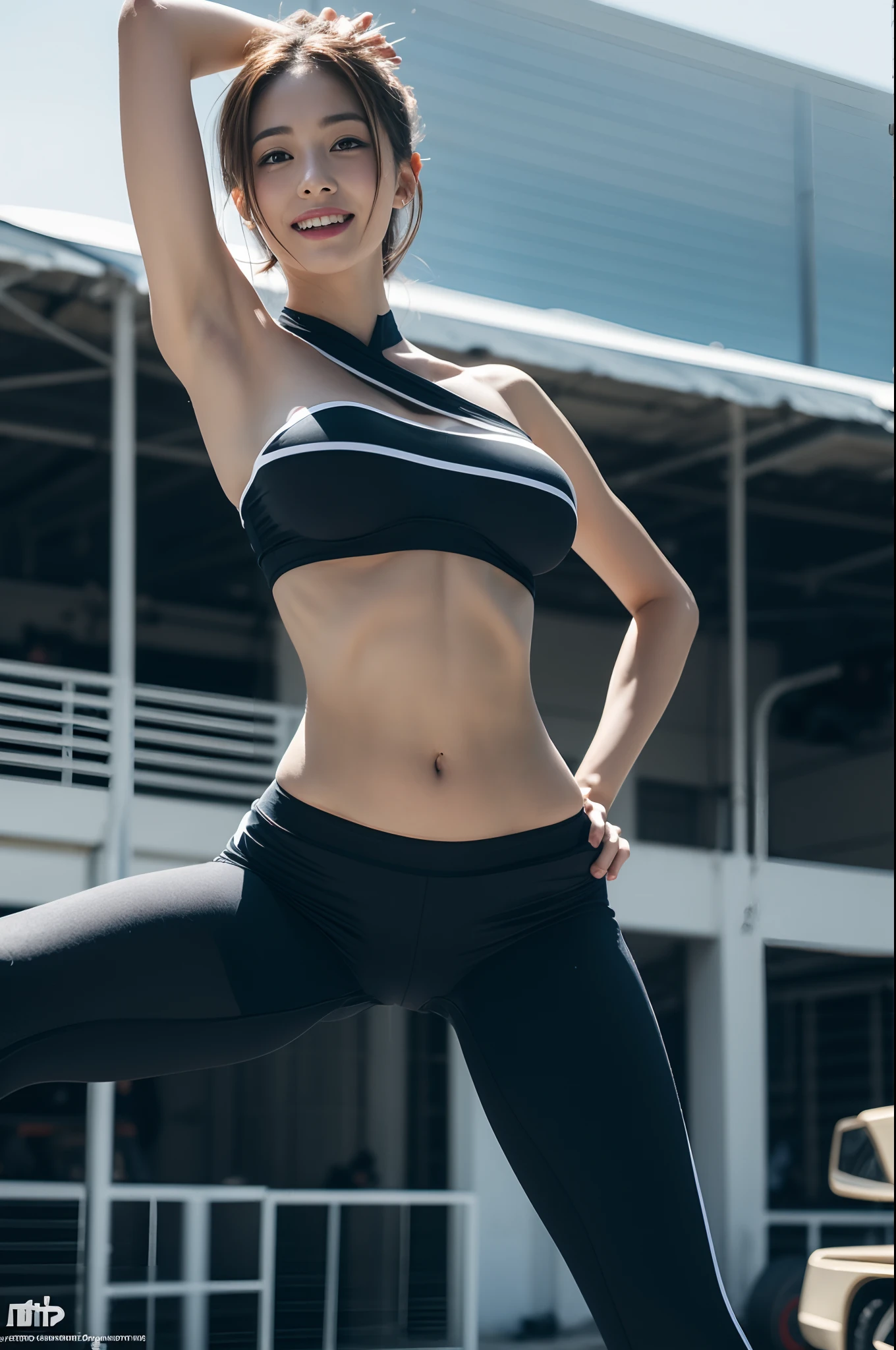 (((one shoulder gridgirl costume))),(((dynamic pose))),(((midriff peek))),(((show underboob ))),(((bare inner thigh))),(((show Formula One car))),ulzzang-6500-v1.1, (Raw photo:1.2), (Photo realistic:1.4), a beautiful detailed girl, extremely detailed eye and face, beautiful detailed eyes, ultra-detailed, High resolution, top-quality, masterpiece, highly detailed, 8k wallpaper, Wonderful, finely detail, top-quality, Light on the face,电影灯光,1girl in,(auto race track),Beautiful eyes,smile,Opening Mouth