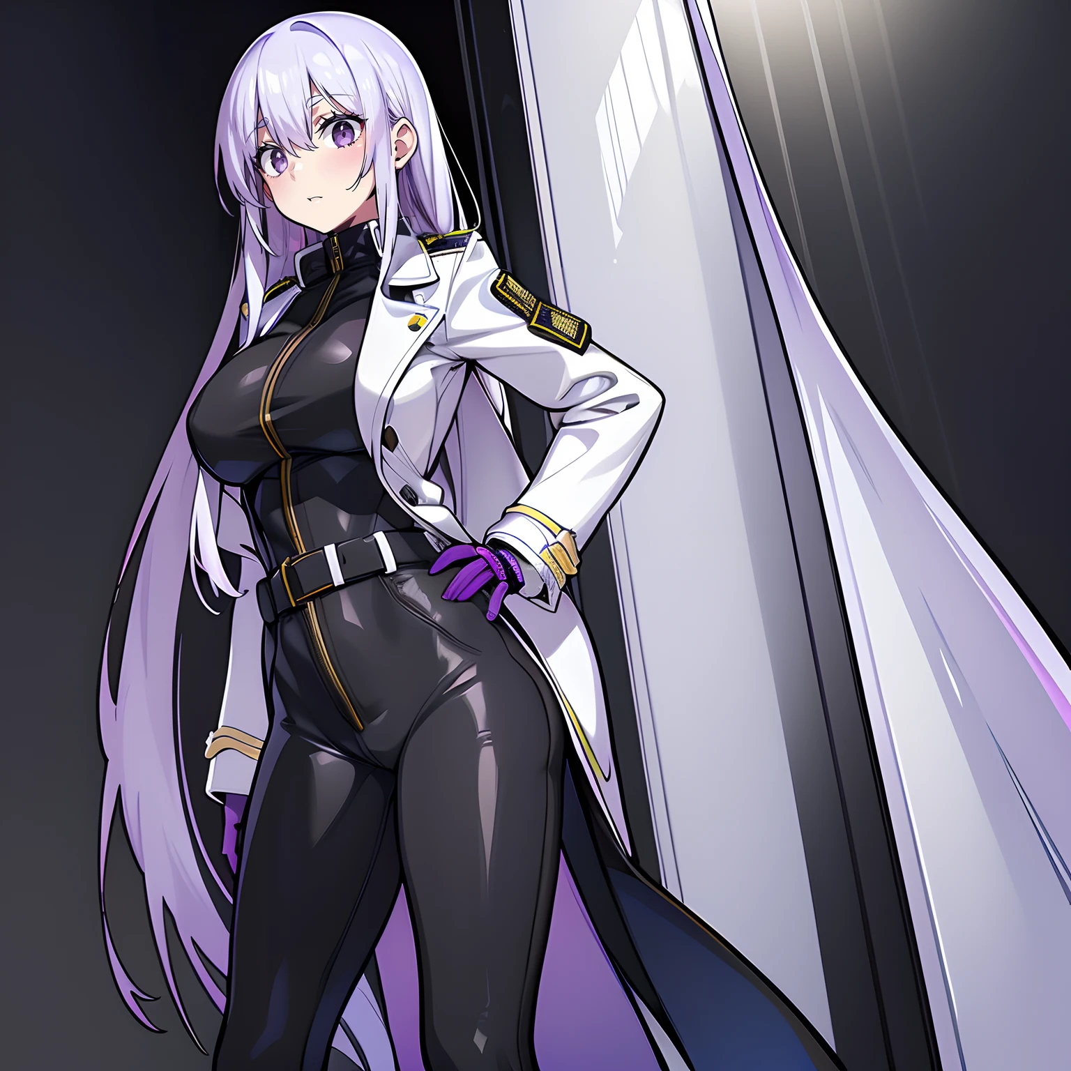 Two-dimensional woman，Long white silky hair，Bright purple pupils，White trench coat with black hard vest armor，A tactical belt hangs a black pocket，Black slim trousers with leggings，A pair of black tactical high-top boots，4k高清