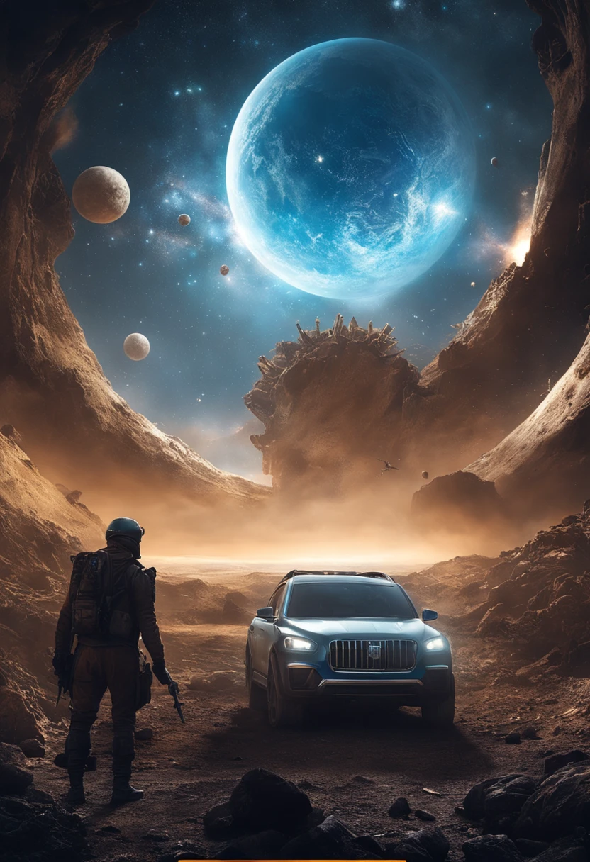 Post-apocalyptic art,Jia Dou Dystopian Art Punk Fault Core Look at the blue glowing planet of the universe,The scene is very detailed,Clarity is extraordinary,All the intricate details of the panorama are captured,The background is the Milky Way galaxy(((Giant viruses)))