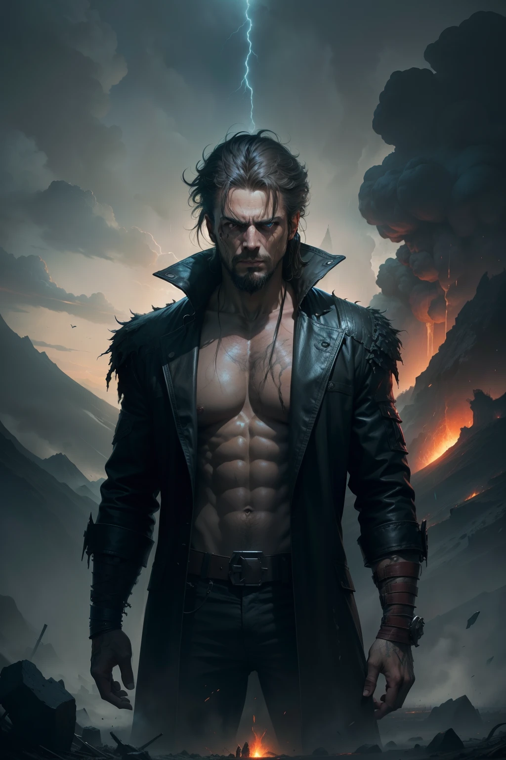 An image of a mean man with sloppy hair, wearing tattered clothes, holding a skull in his hand, background is dark storm clouds, erupting volcano, rain, mood is gloomy, desperate, confining, depressing, night time light, digital art, hyper realistic, 8k, unreal engine, character design, art by Peter Paul Rubens, Anne Stokes, Blaz Porenta, Zdzislaw Beksinski, Marc Simonetti, Gerald Brom.